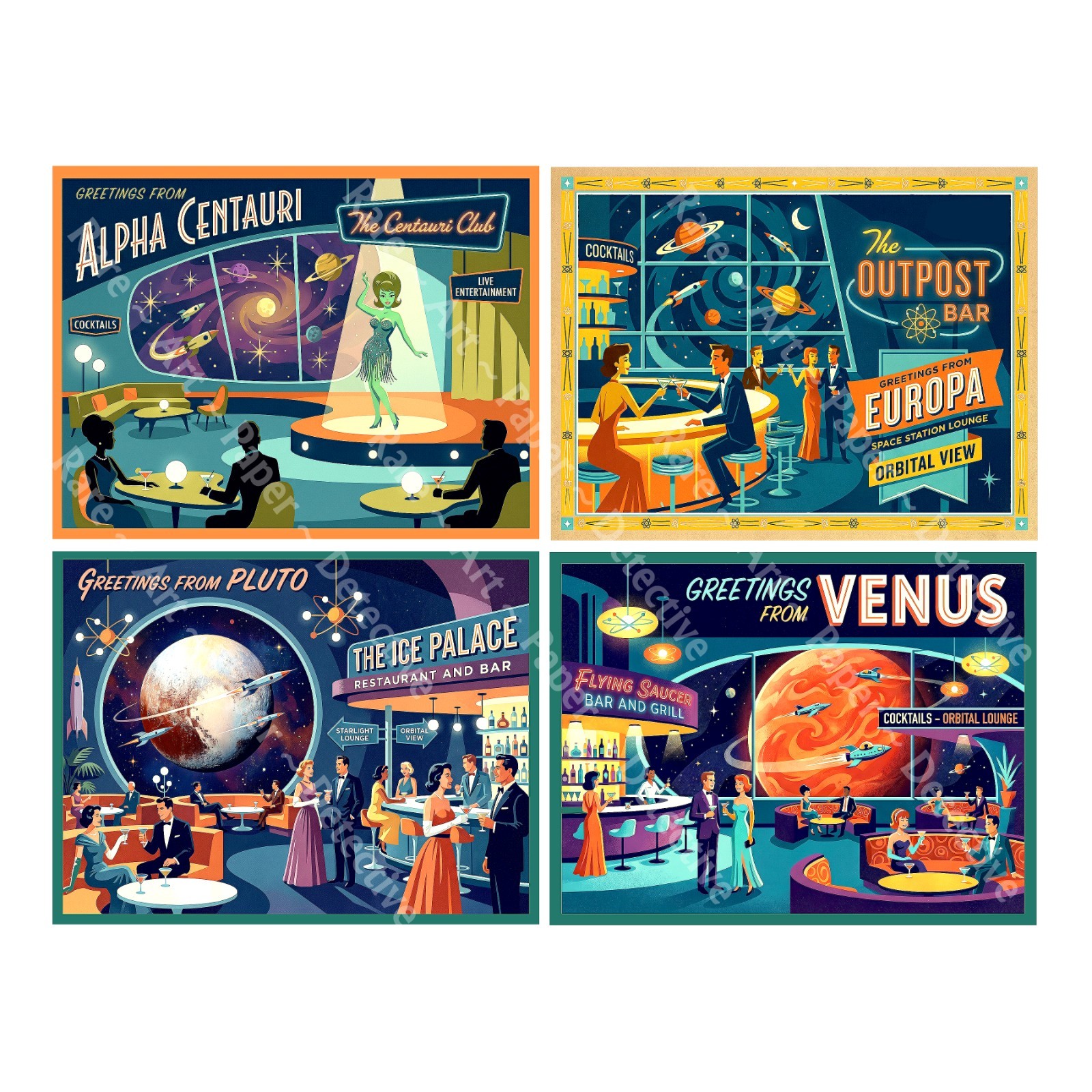Space Adventure Bar Stickers, Mid-Century Modern, 4 Labels on 1 Sheet, 1543