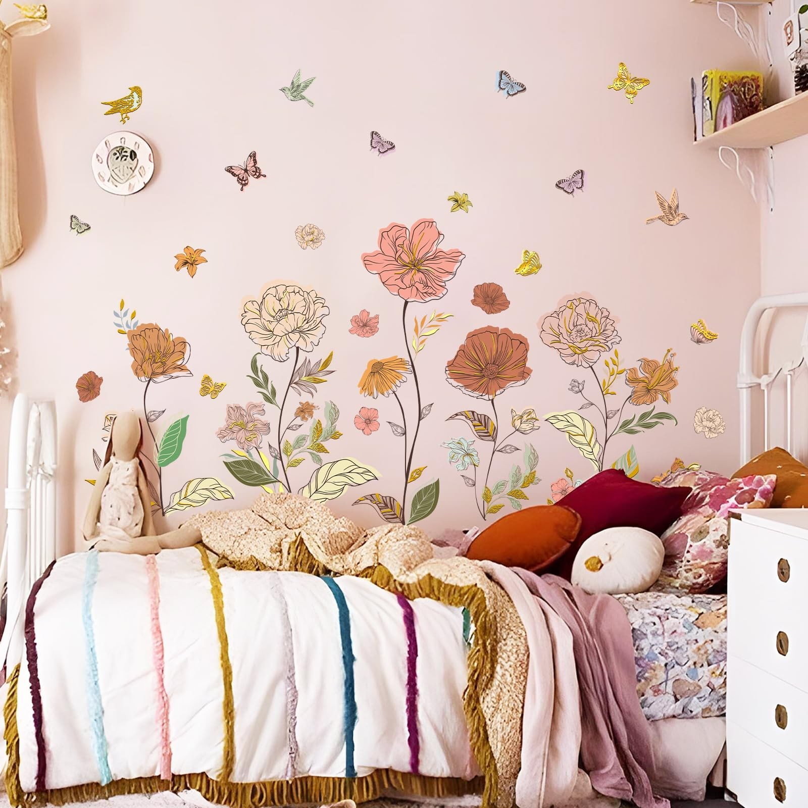 Boho Floral Wall Stickers Peony & Butterfly Wall Decals, Bohemia Flower Decor…