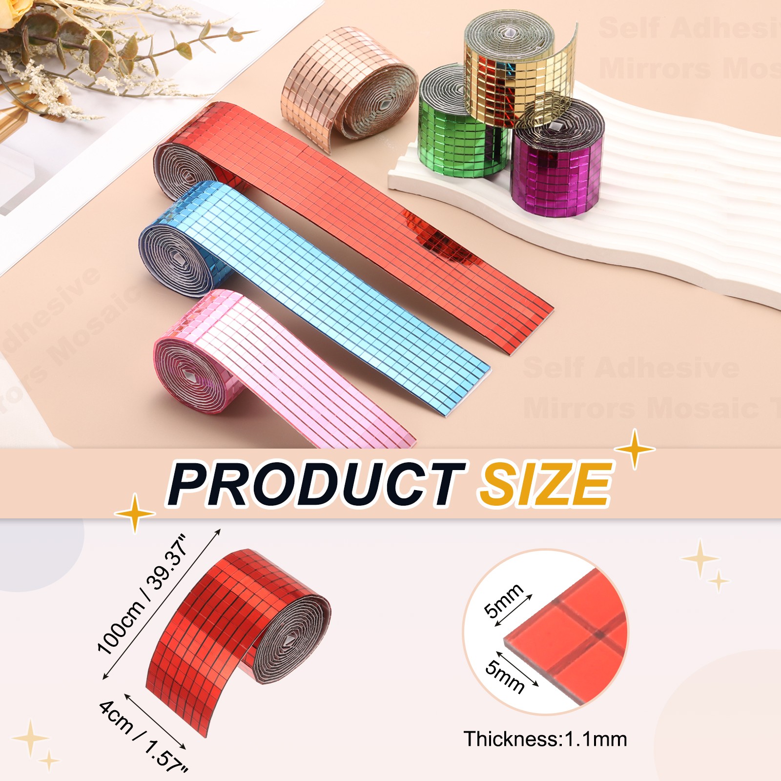 5x5mm Self Adhesive Mirrors Mosaic Tiles, 3200 Pcs Mosaic Sticker, Red