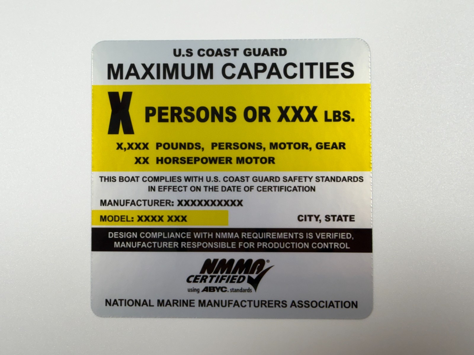 Custom Boat Capacity Plate Sticker Replacement Decal NMMA USCG 4×4 Silver Vinyl