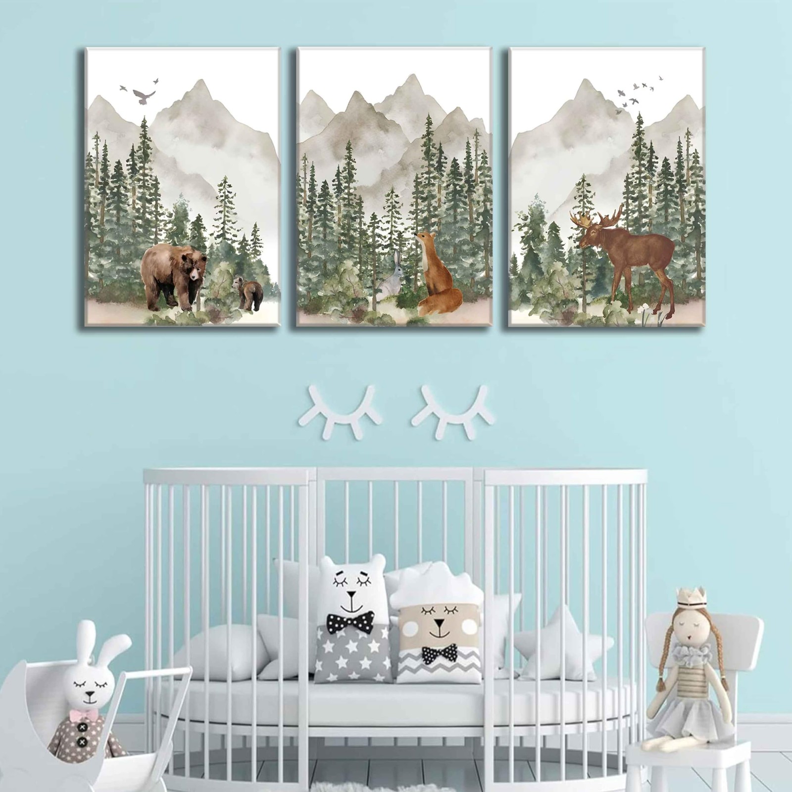 3Pcs Woodland Nursery Wall Art Wild Animals Posters Pictures Foggy Forest Can…