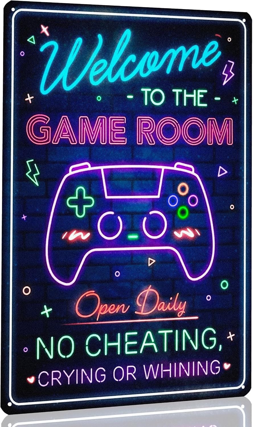 Cyberpunk Neon Gaming Decor – Welcome to the Game Room Sign, 8 x 12