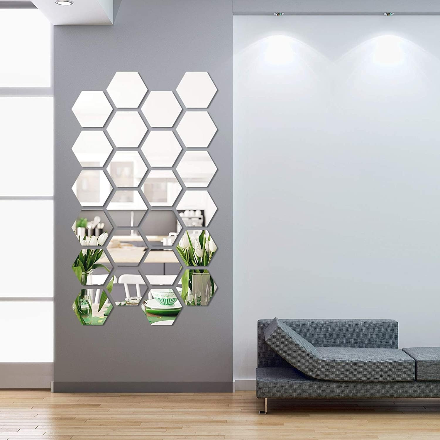 Shappy 24 Pieces Hexagon Mirror Wall 5 x 4.3 x 2.5 Inch, Silver