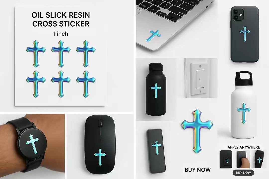 Holographic Religious Resin Cross Mini Decal Stickers Oil Slick Shine (1-inch)
