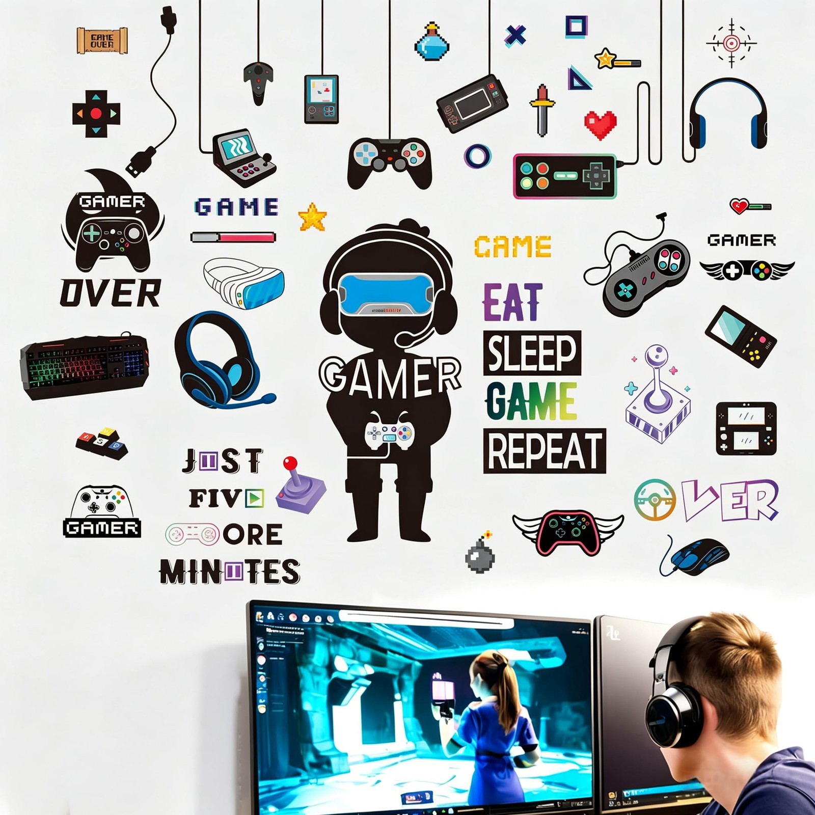 Gaming Wall Stickers for Bedroom: 100% Kids Safe Certified – Peel and Stick 4…