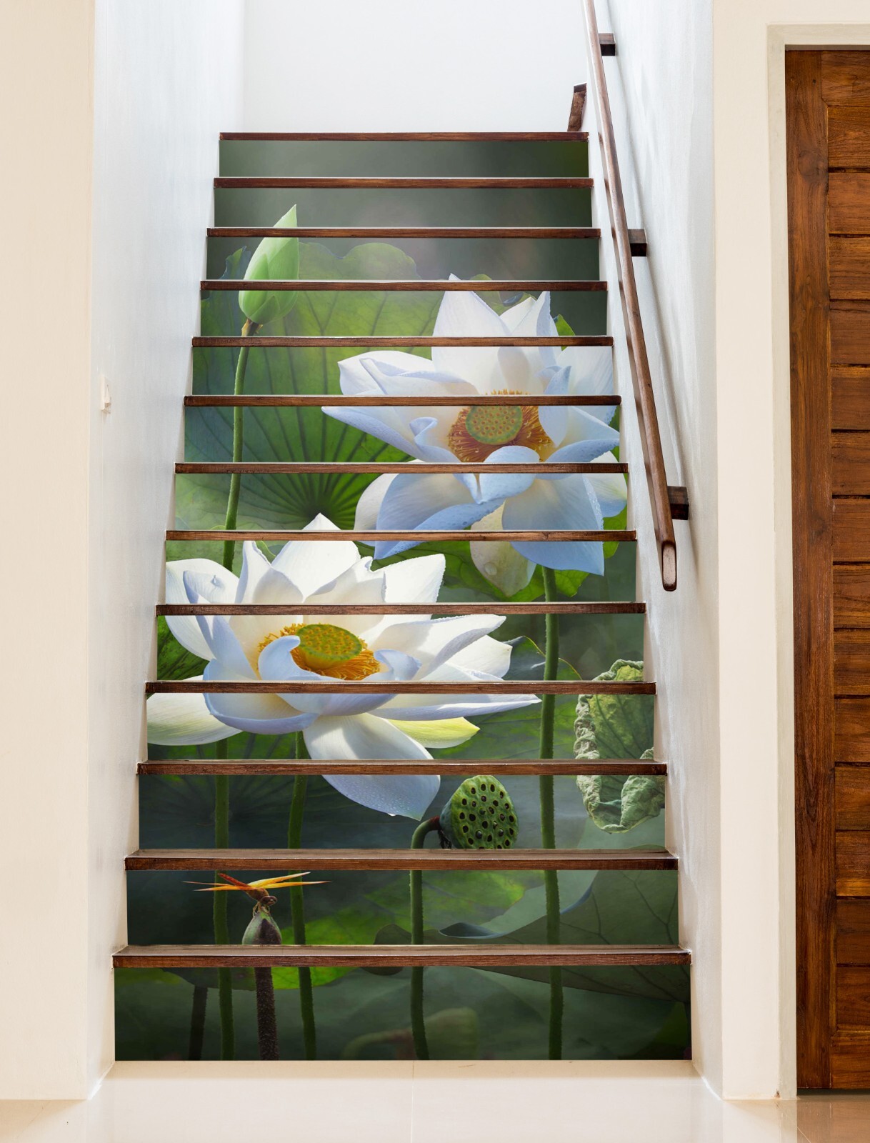 3D Two White Lotus 8538 Stair Risers Decoration Photo Mural Decal Wallpaper Rom