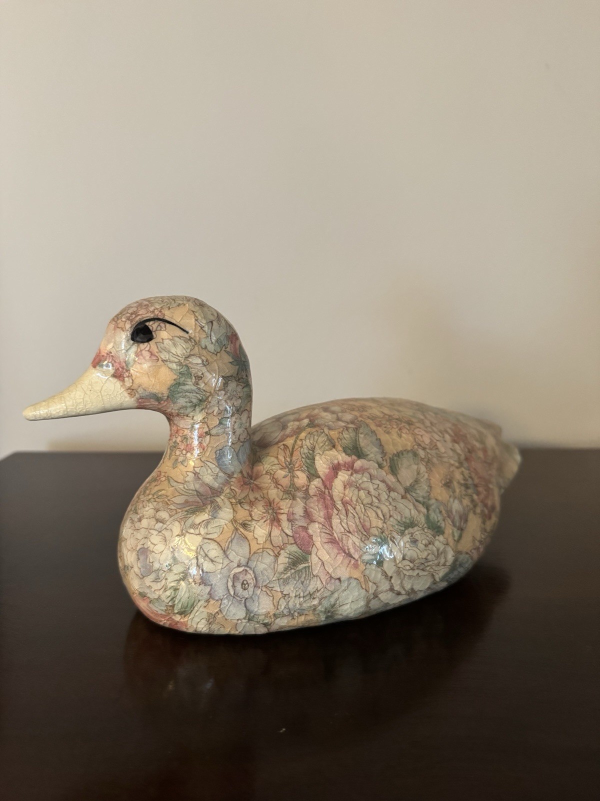 Vintage Floral Decoupage Duck Decoy Figurine Country Cottagecore Home Decor