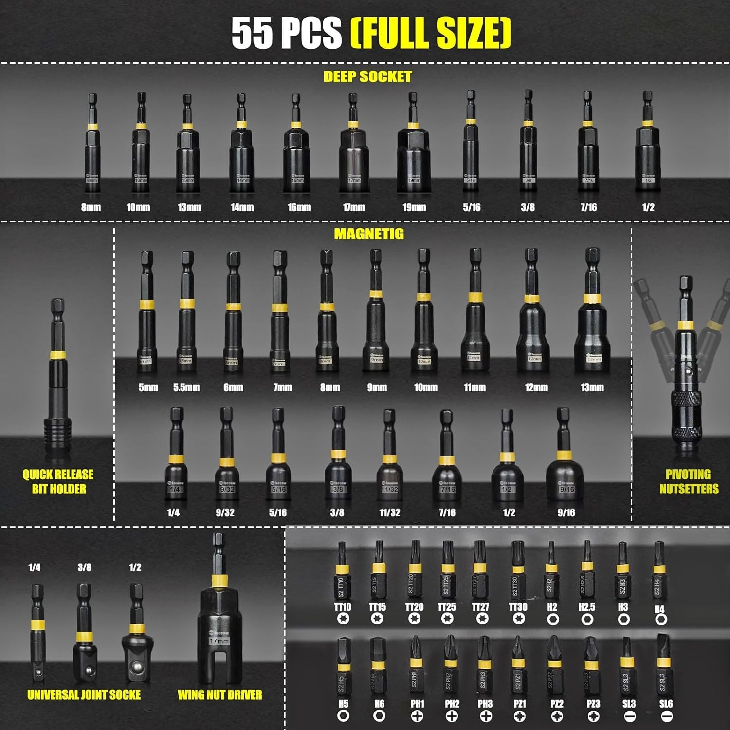 55PCS Impact Nut Driver Set, Magenetic Nut Driver Set for Impact Dr… Fast Ship
