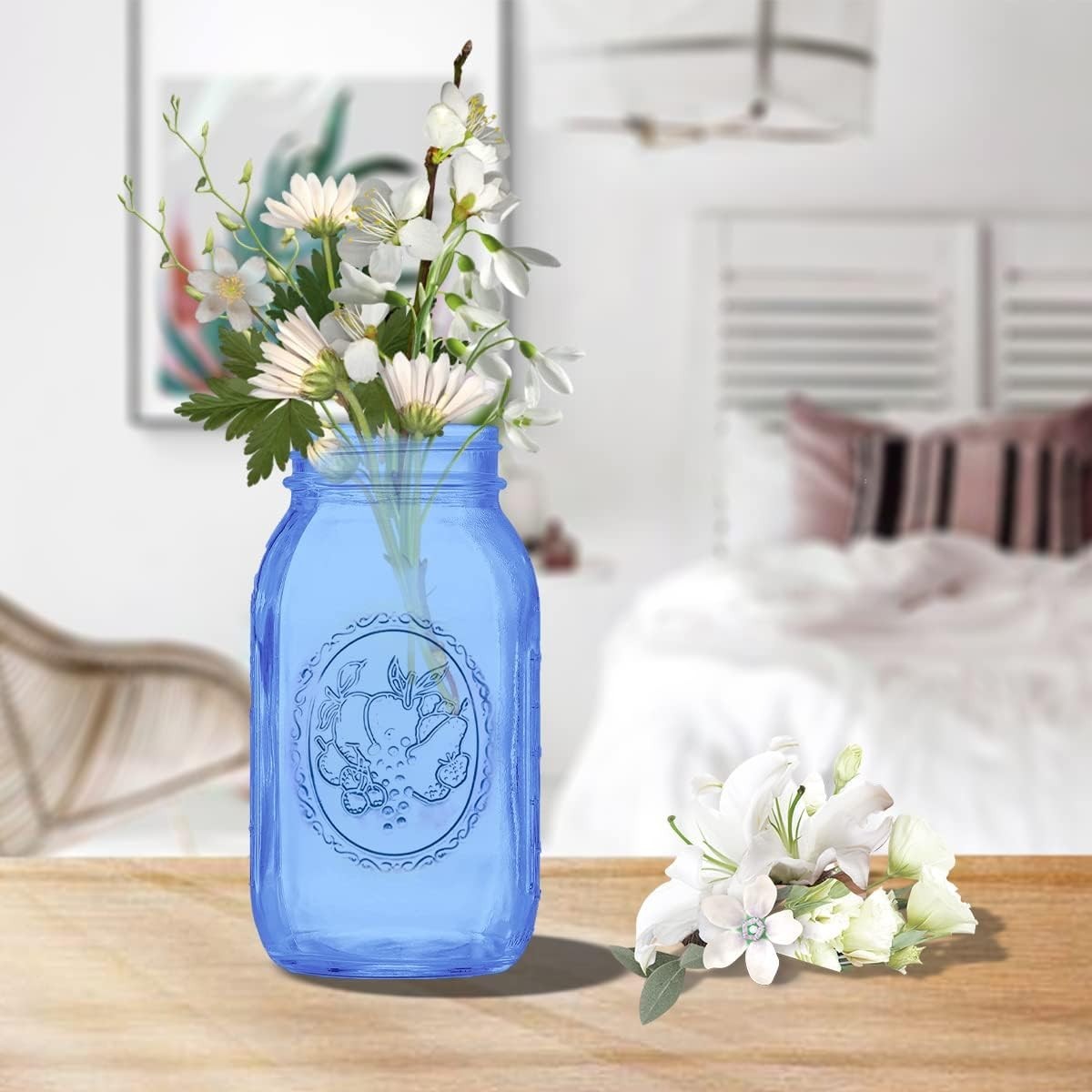 Regular Mouth Mason Jars 32 oz,6 Pack Blue Glass Colored Canning Jars with Airti