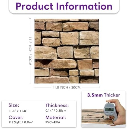 3D Peel and Stick Faux Stone Wall Panels 11.8" x 11.8" 10-Pack, Stone-Look Wa…