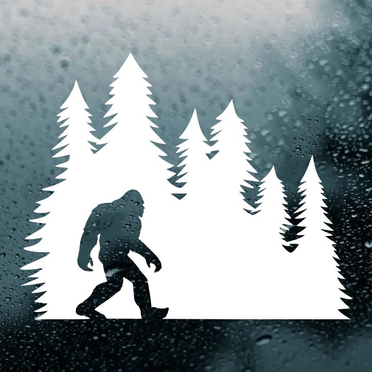 Bigfoot in Tree Line Vinyl Decal V19 | Sasquatch Pine Trees | Die Cut Sticker