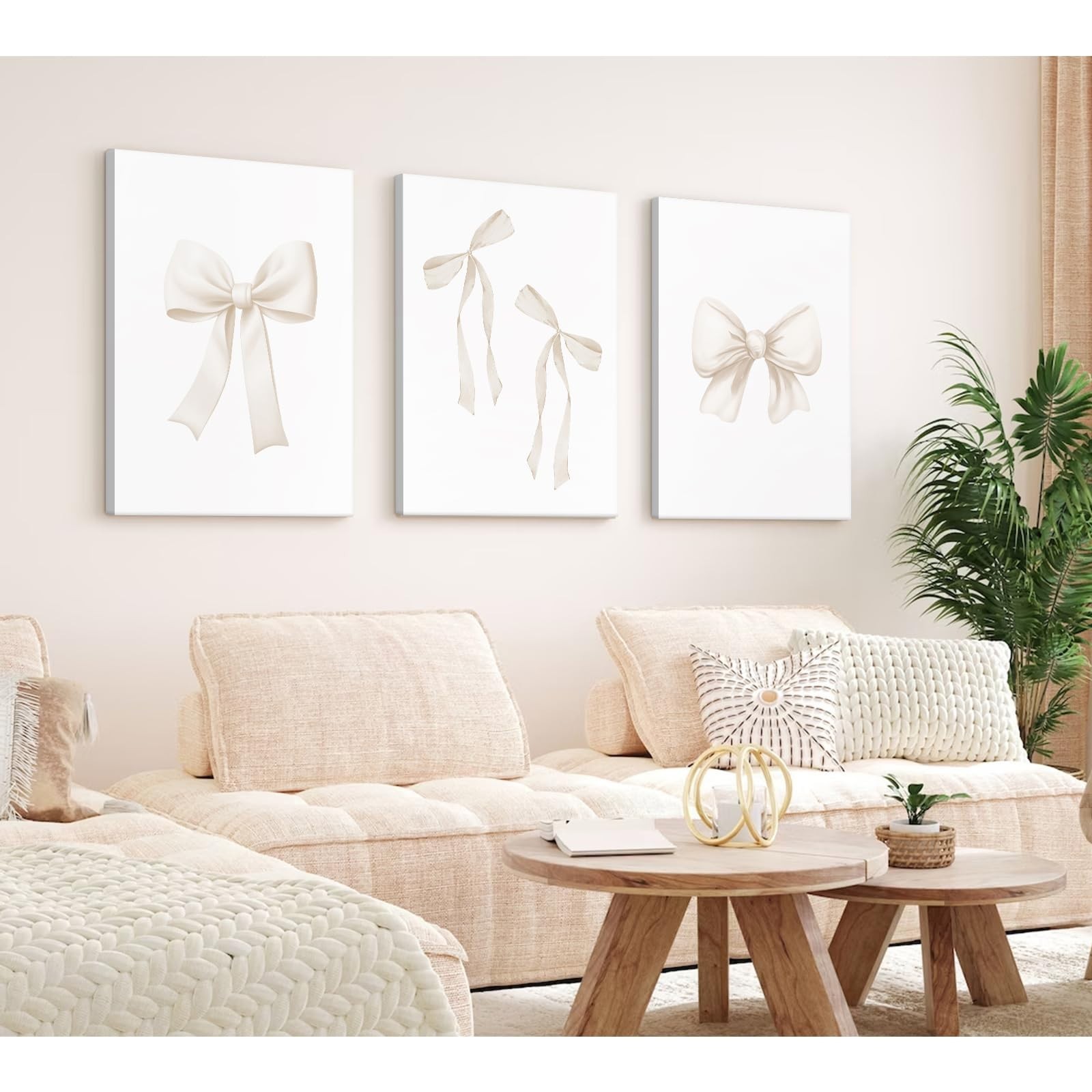 Beige Bow Canvas Wall Art,Coquette Preppy Bow Aesthetic Paintings Pictures Wa…