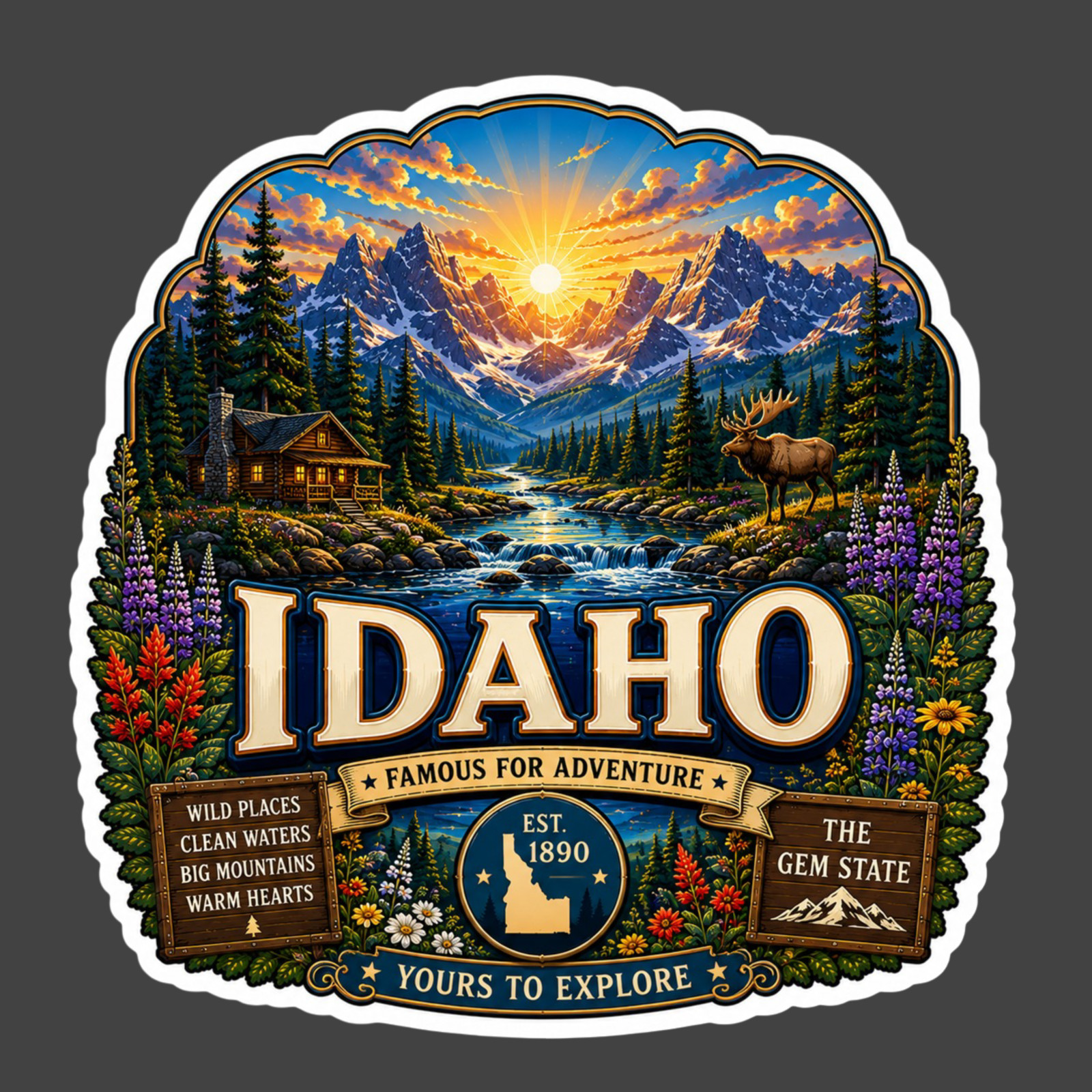 Idaho Sticker Vinyl Decal Rocky Mountains Elk Wilderness Travel Souvenir Gift
