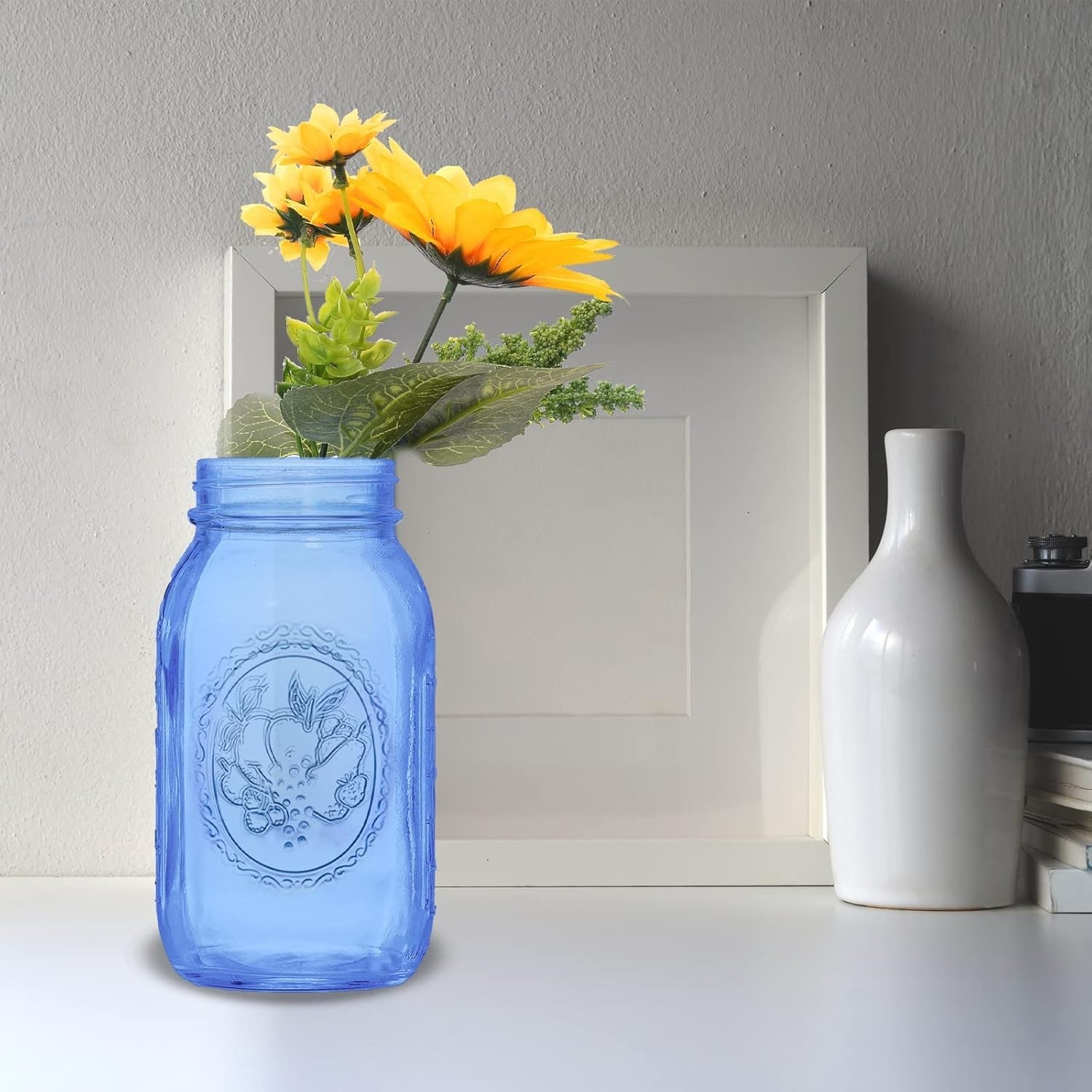 Regular Mouth Mason Jars 32 oz,6 Pack Blue Glass Colored Canning Jars with Airti