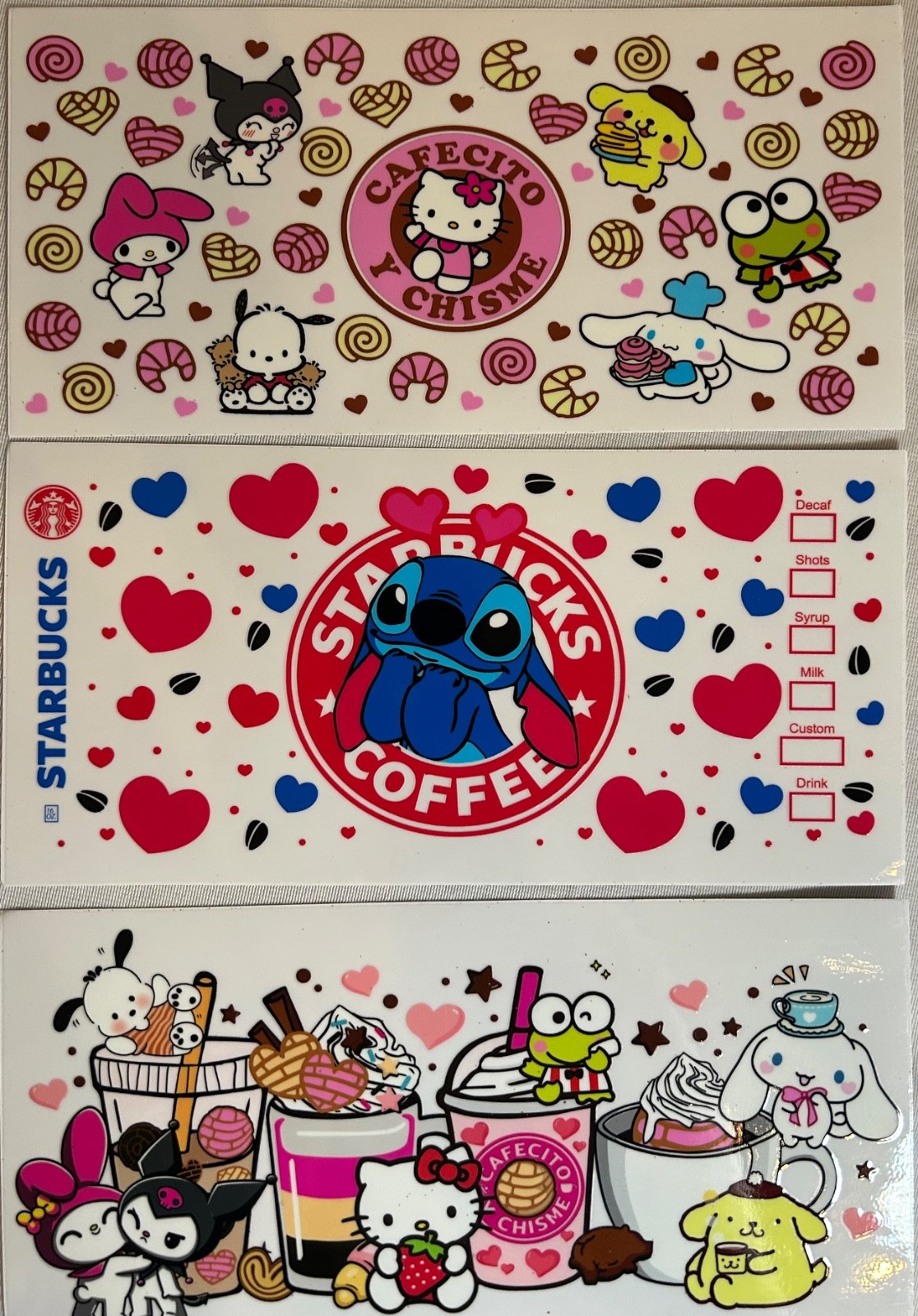 Set of 8 Hello Kitty Stitch Coffee Hearts Transfer Cup Wraps
