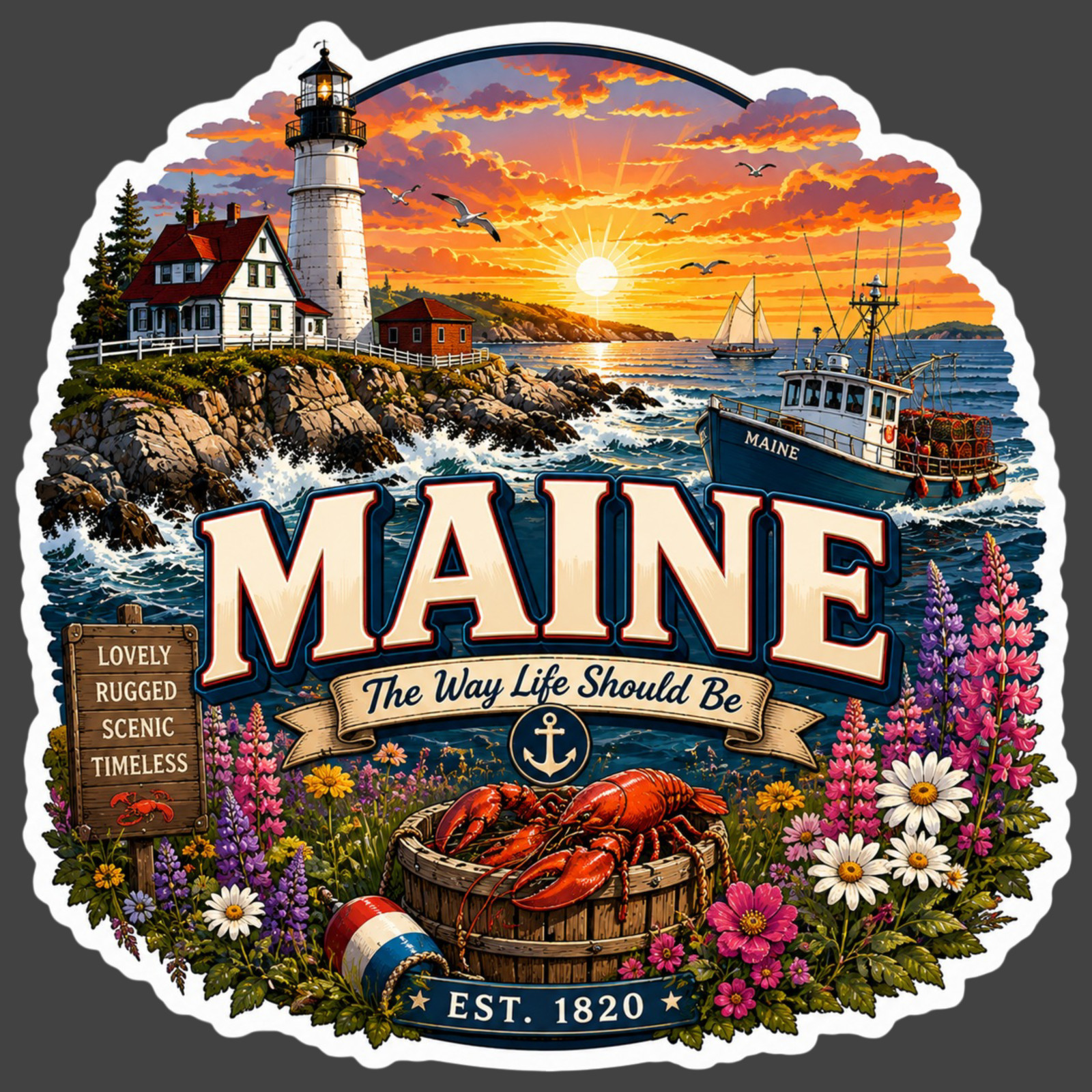 Maine Sticker Vinyl Decal Lighthouse Lobster Boat Coastal Travel Souvenir