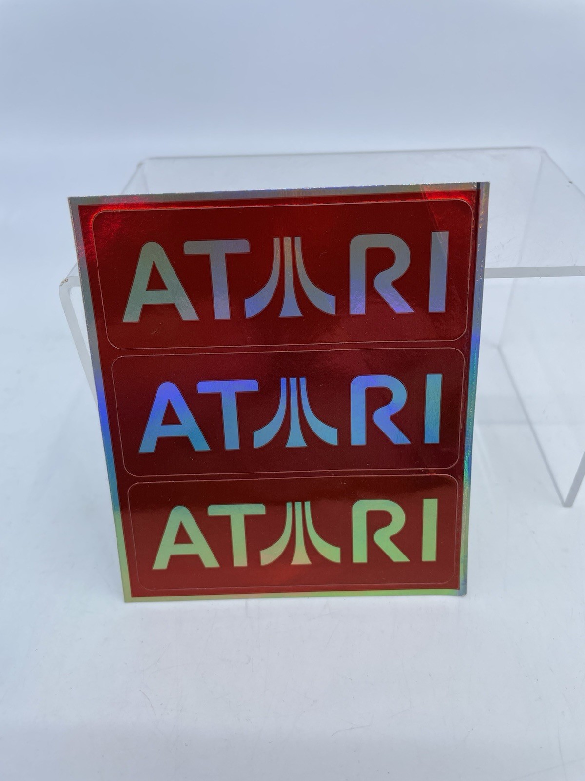 Set of 3 ATARI Red Classic Logo Stickers , Metallic-Decals 3" × 1”
