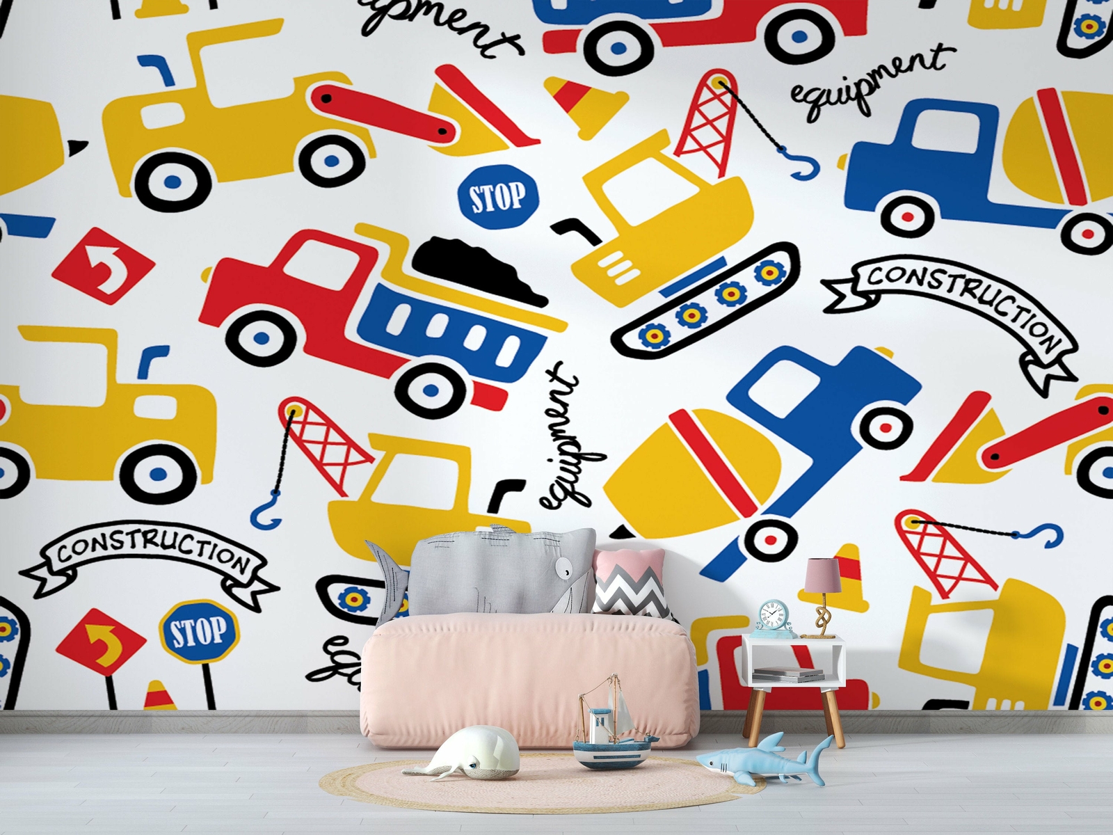 Cartoon Construction Vehicles Wallpaper – Large Wall Mural – Self-adhesive