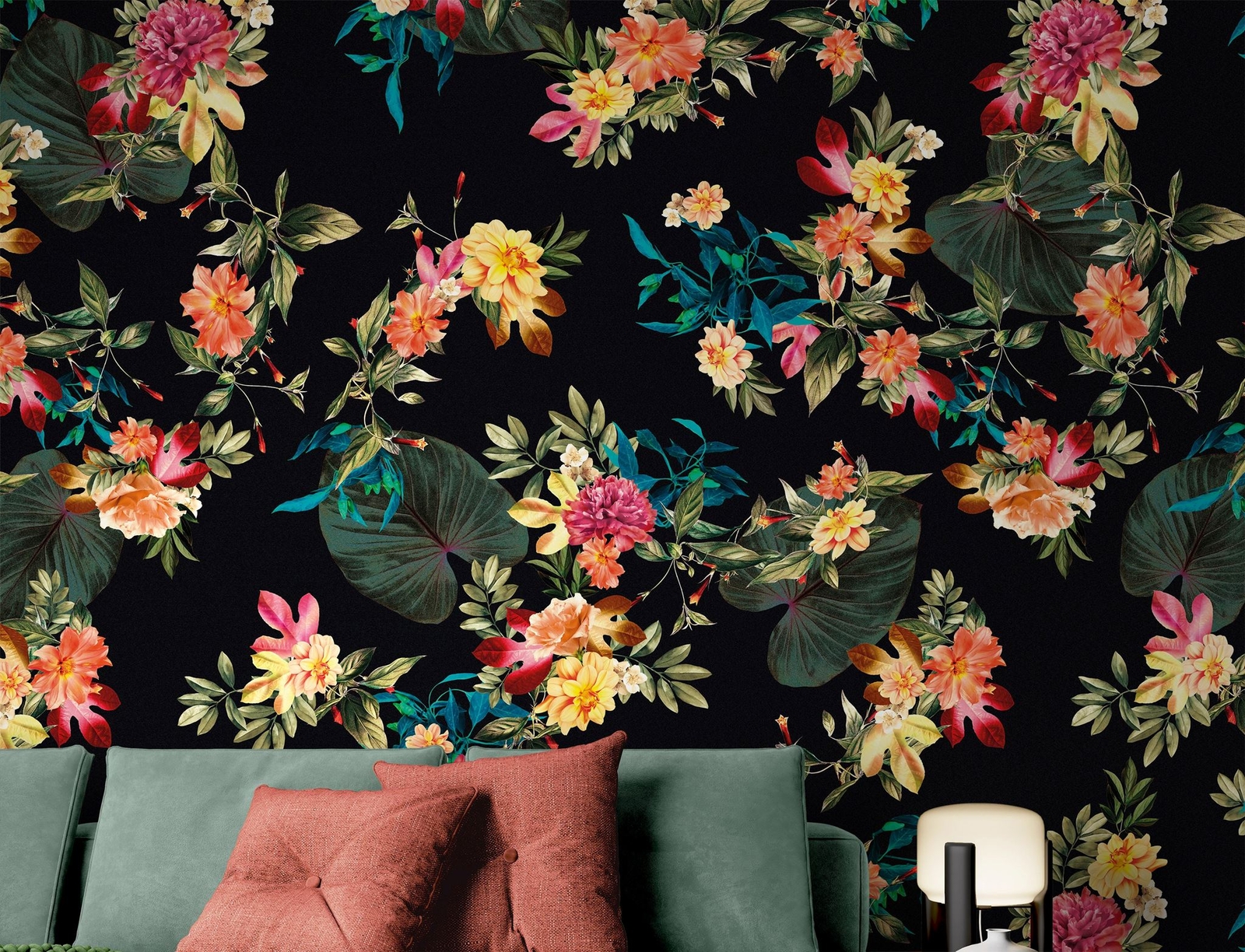 Tropical Flower Wall Mural. Paradise Botanical Flowers and Leave Black Backgroun
