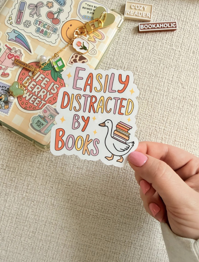 Easily Distracted by Books Goose Sticker Cute Bookish Reader Vinyl