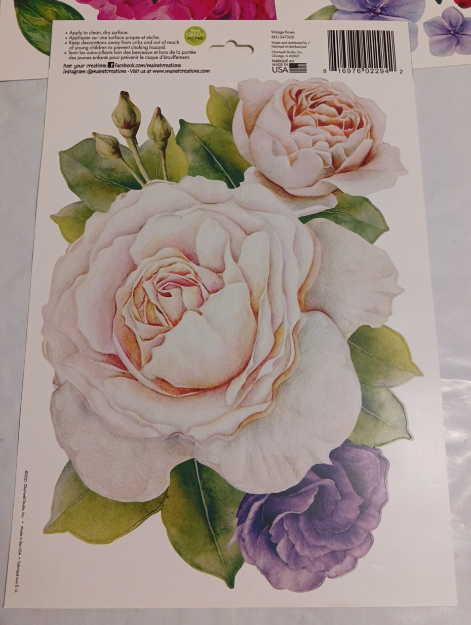 Wall Decal stickers Jumbo 10" Flowers. Rose + Pink. 6 sets Peel and stick floral