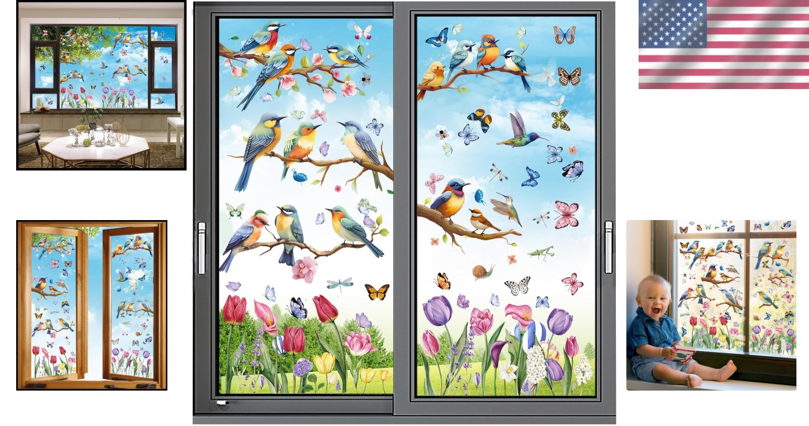 Spring Window Cling Sticker – 78PCS Tulip Butterfly Flower Hummingbirds Windo…