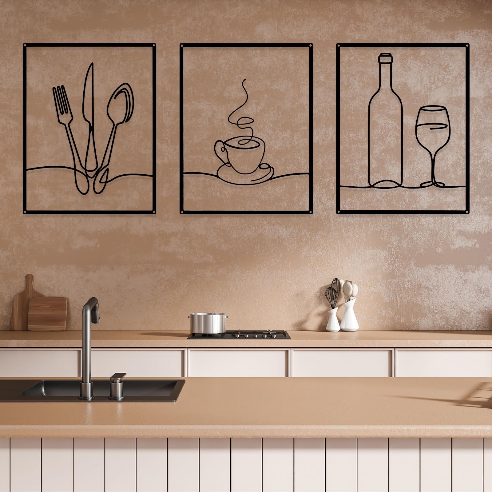 Otoolling 3 Pieces Metal Minimalist Line Kitchen Signs Wall Decor Drawing Rus…