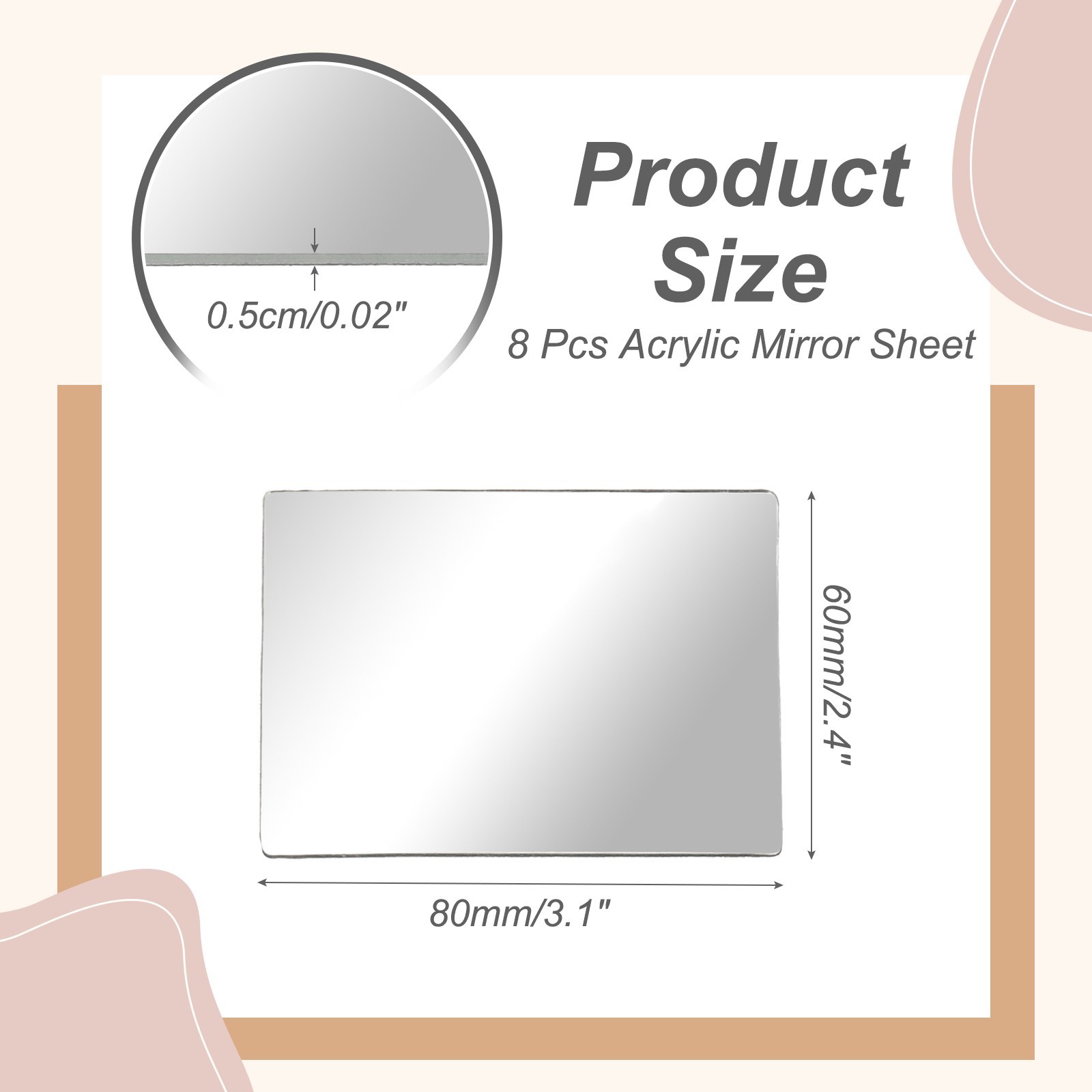 8Pcs Acrylic Mirror Sheet, 3.1×2.4" Rectangle Self Adhesive Mirror