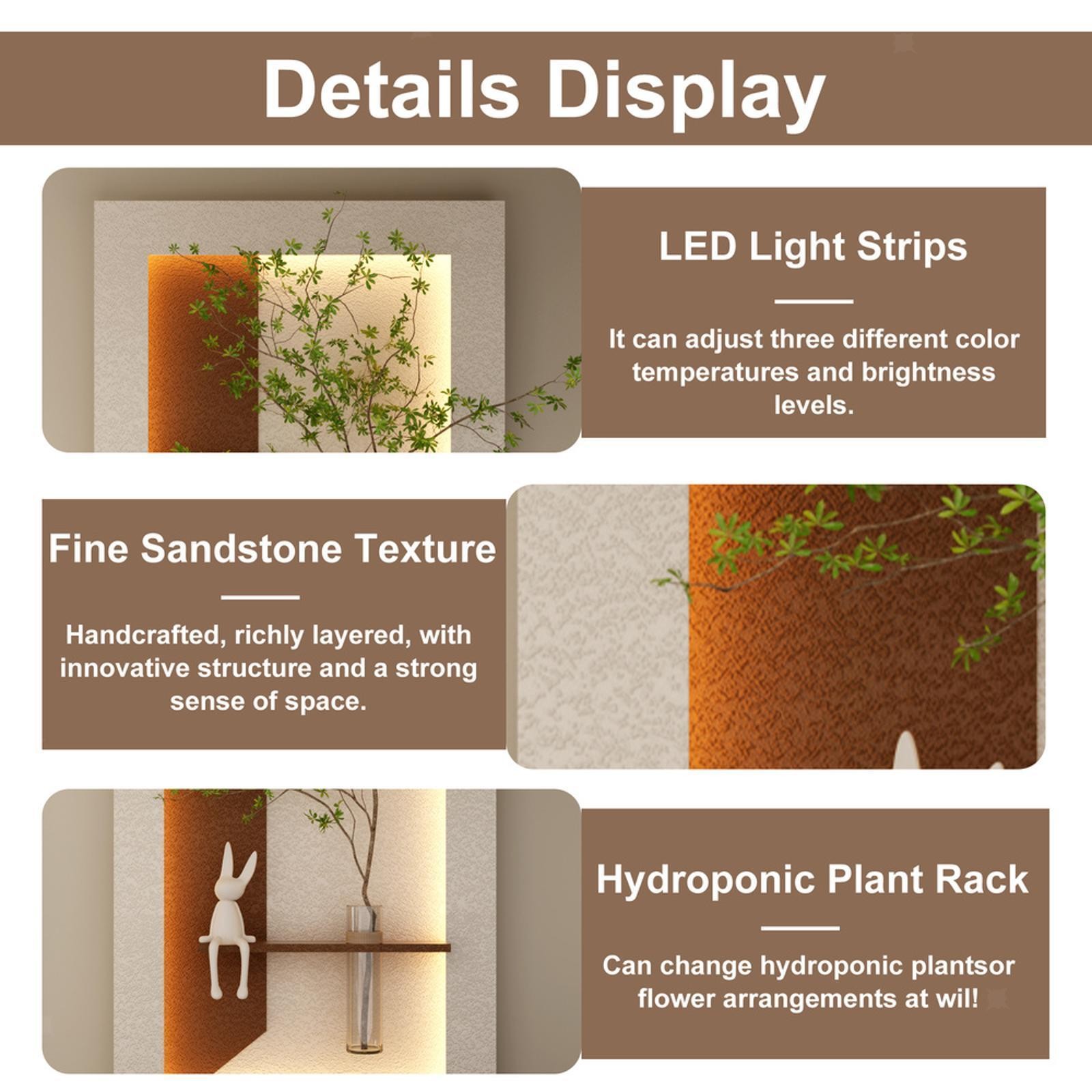3D Sandstone Art Sculpture Wall Decor Handmade Statue with Green Plants Vase and