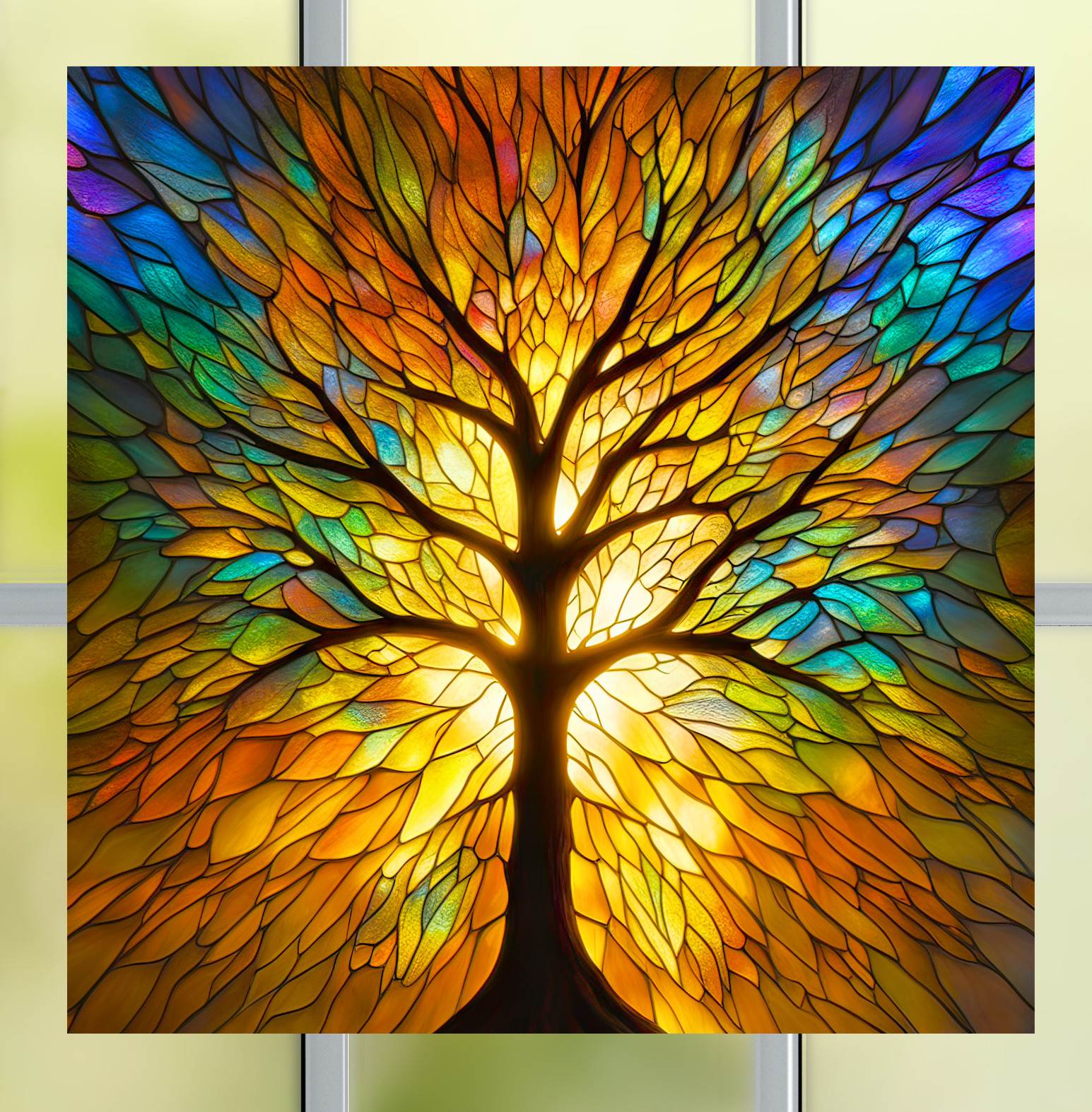 Tree with Colorful Leaves ~ Faux Stained-Glass WINDOW CLING Size 8" Square Vinyl