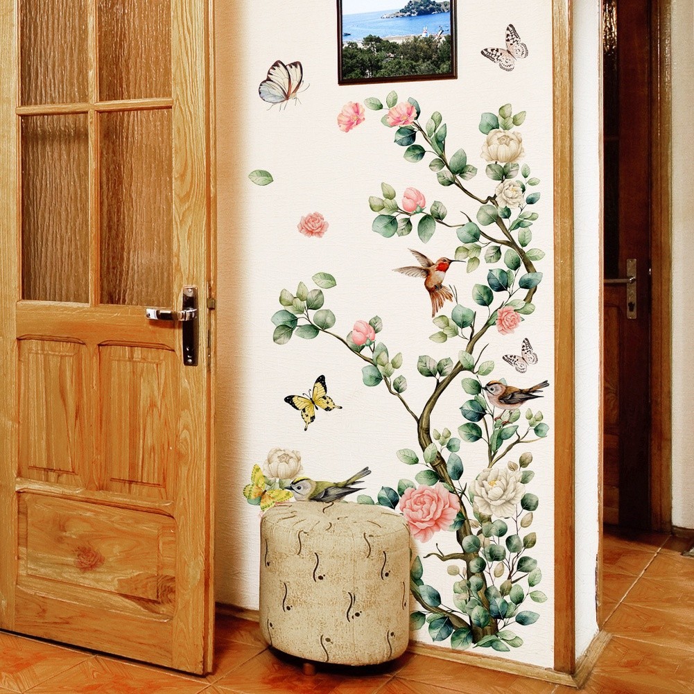 Elegant Flower Tree Branch Birds Butterflies Wall Sticker for Modern Home Decor