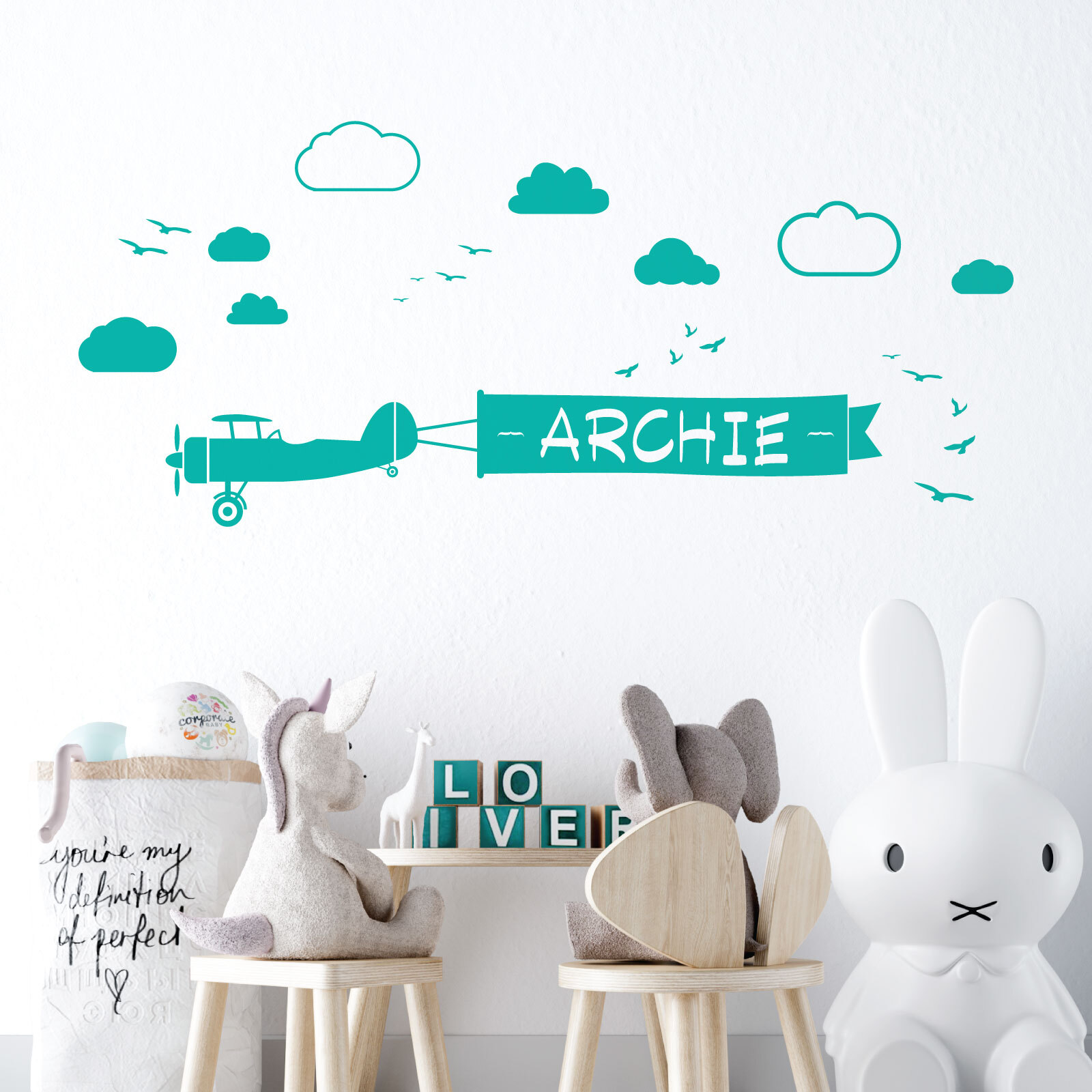Personalised Name Children Plane Wall Art Sticker – Airplane with Ribbon Flyi…