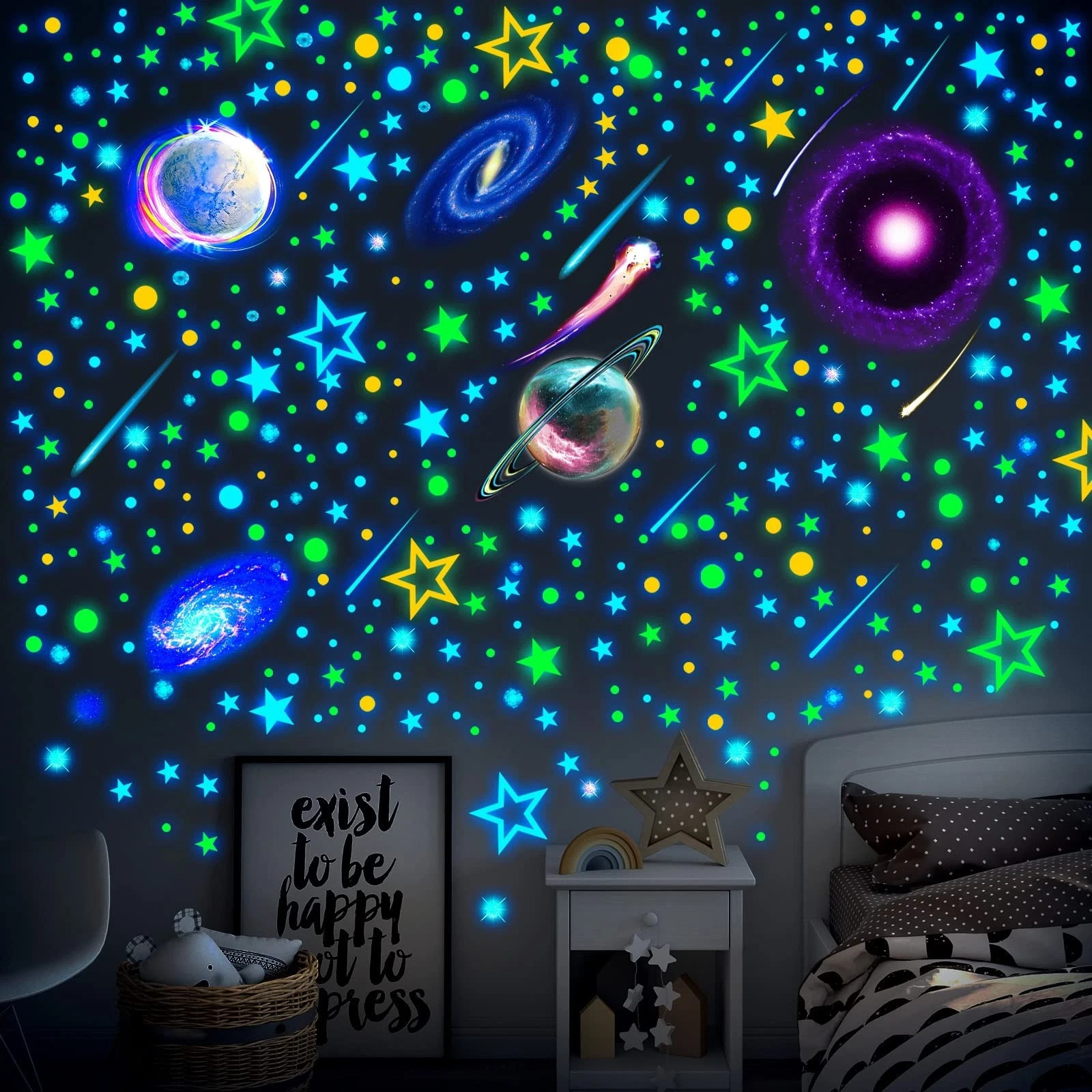 Spakon 495 Pcs Glow in The Dark Moons and Stars Wall Decals for Multicolor