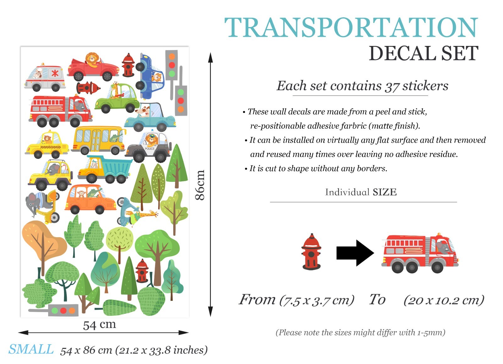 Transportation Vehicles Fire Truck Ambulance Bus Removable Nursery Wall Decal