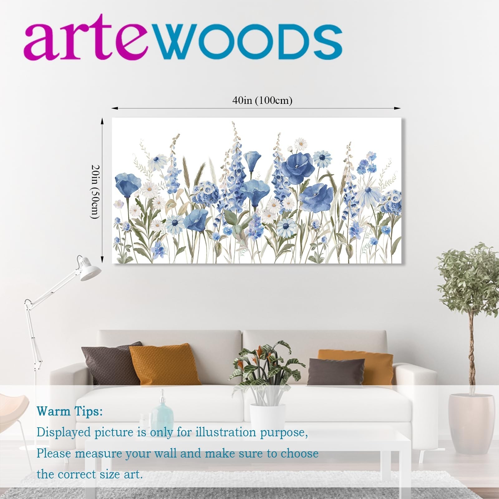 arteWOODS Elegant Flowers Wall Art – Blue White Botanical Pictures for Wall D…