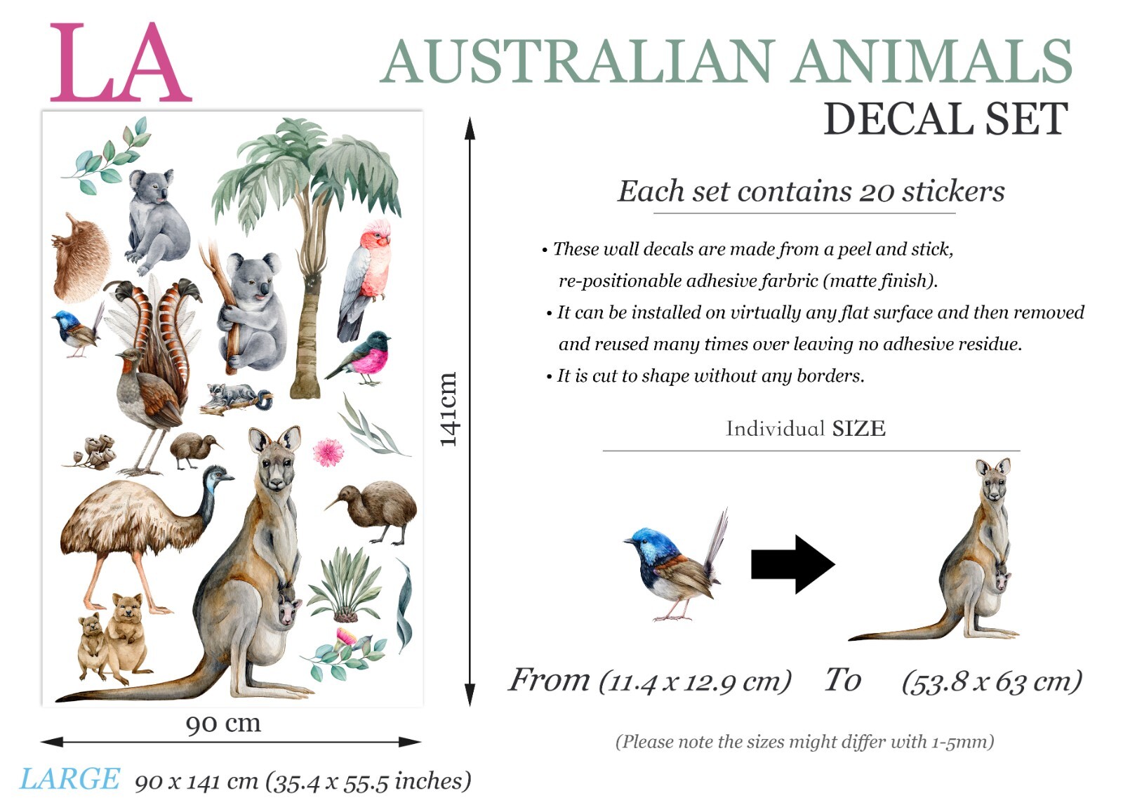 Australian Animals Kangaroo Koala Leaves Removable Wall Decal Peel and Stick