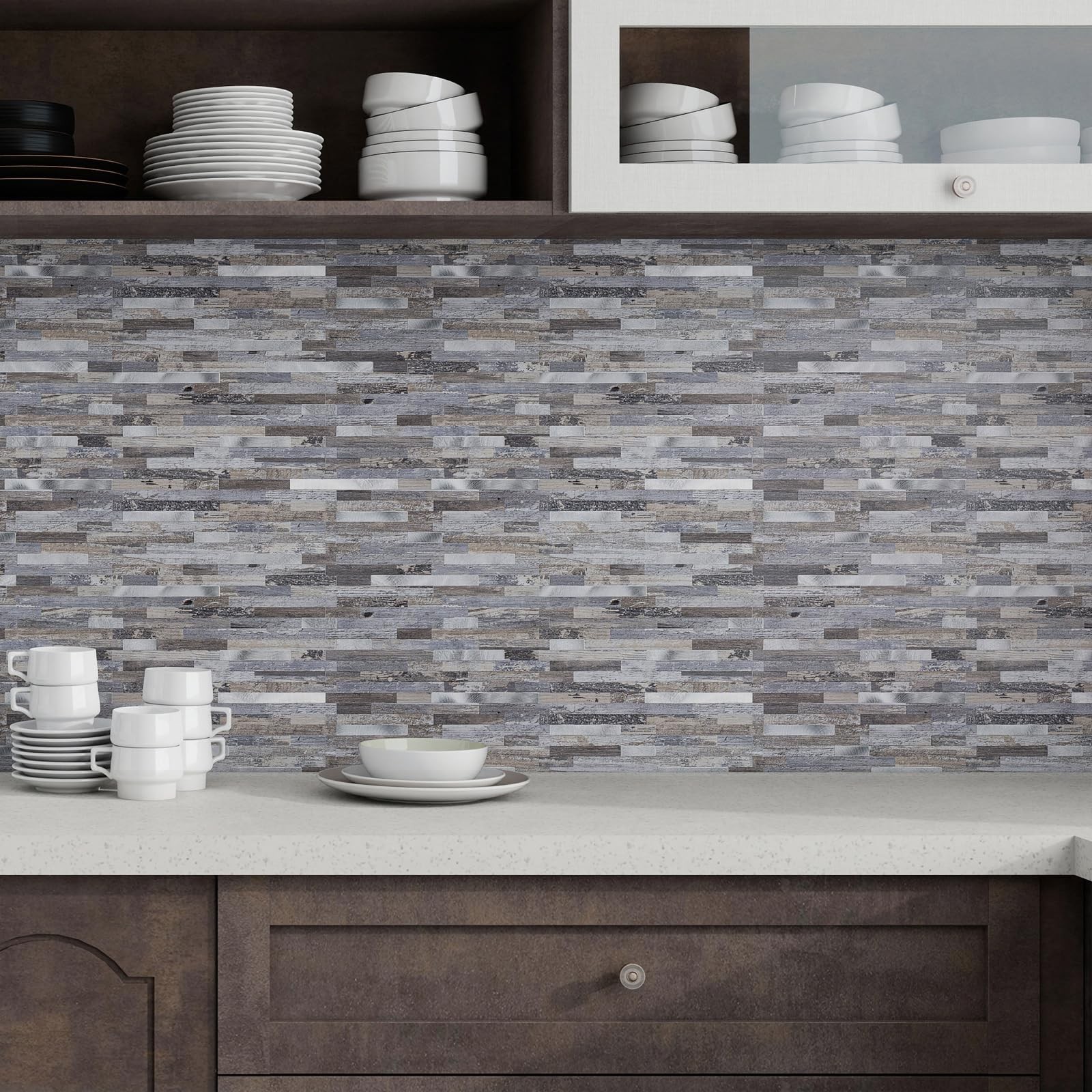 10-Peel and Stick Backsplash, Distressed Wood with Metal Silver Adhesive Wall…