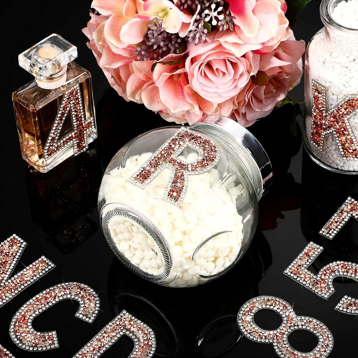 2.56Inch Rose Gold White Rhinestone Letter Number Sticker Phone Laptop Hat