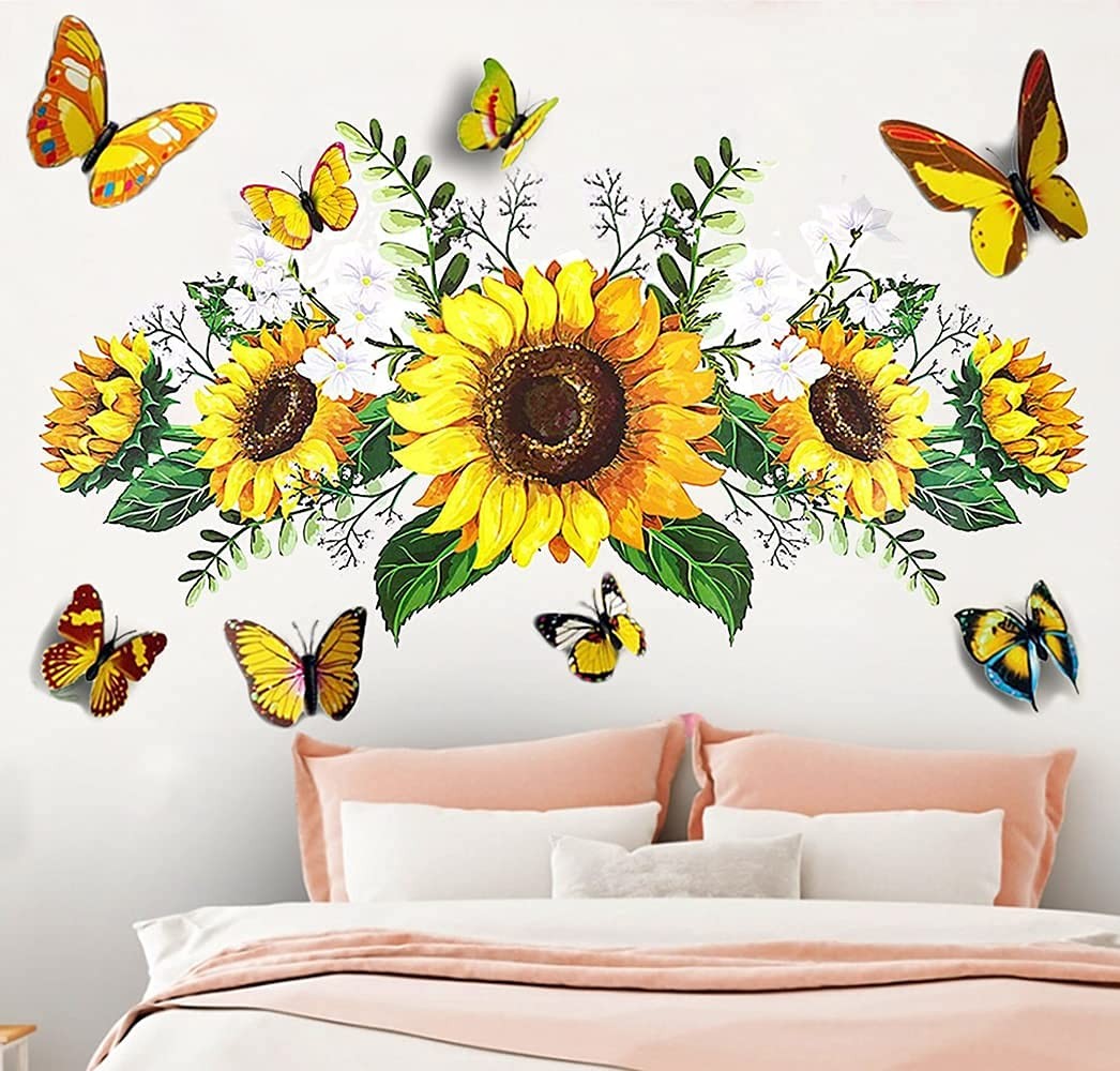 Sunflower Wall Stickers with 3D Butterfly Sticker, Yellow Sunflower-1