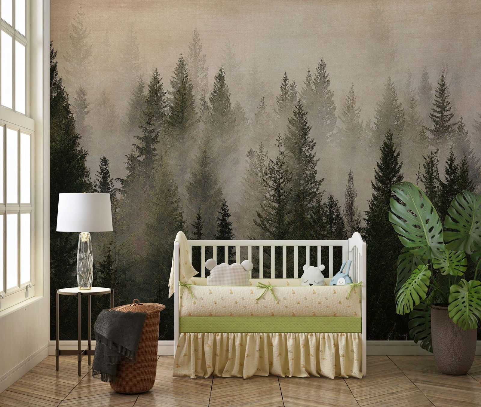 Misty Pine Tree Forest Landscape Wallpaper. Peel and Stick Wall Mural. Self Adhe