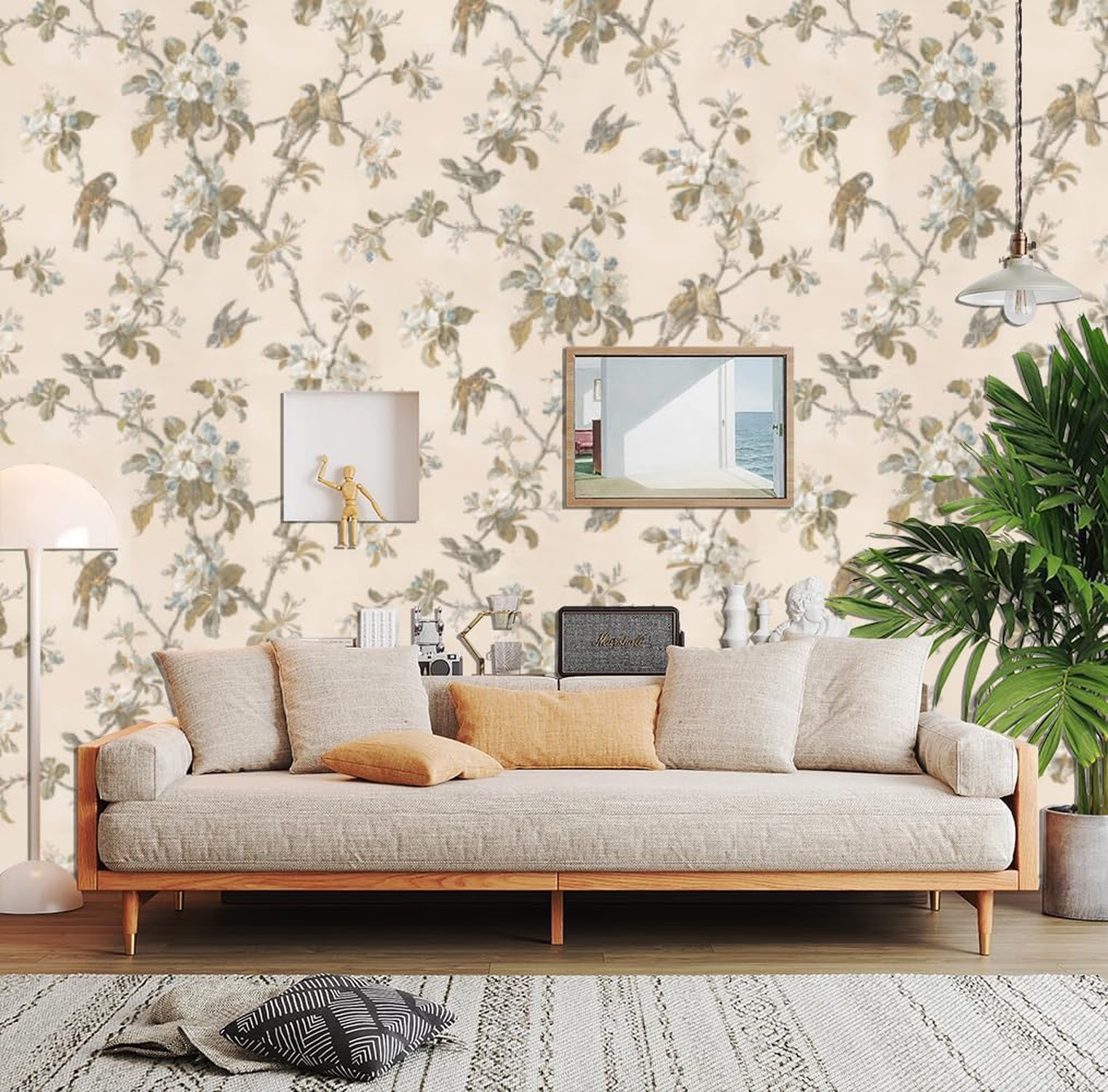 Vintage Floral Peel and Stick Wallpaper, Flowers and Birds, Self-Adhesive, Re…
