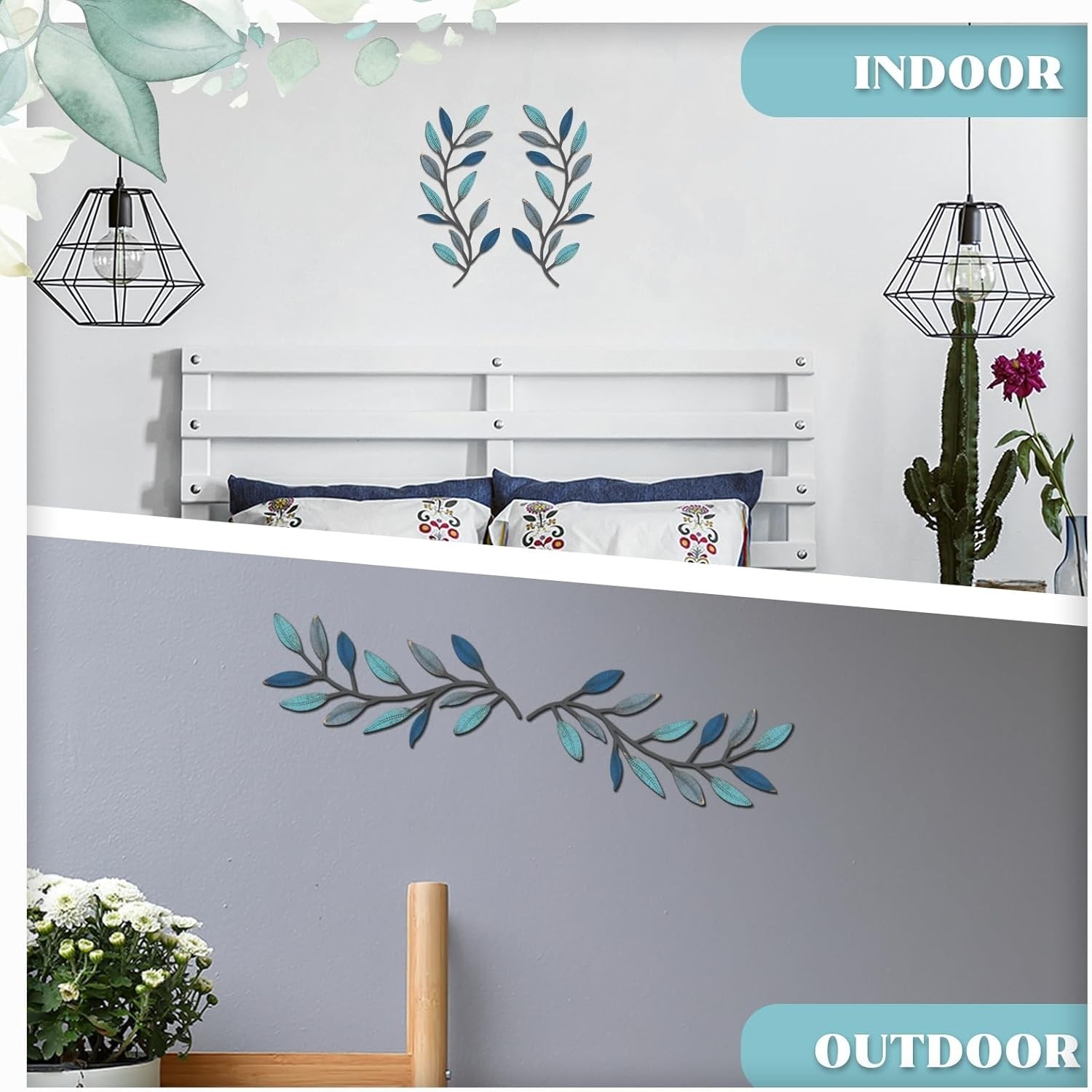 Stylish Vintage Blue Olive Branch Wall Art Set – 2 Durable Metal Pieces