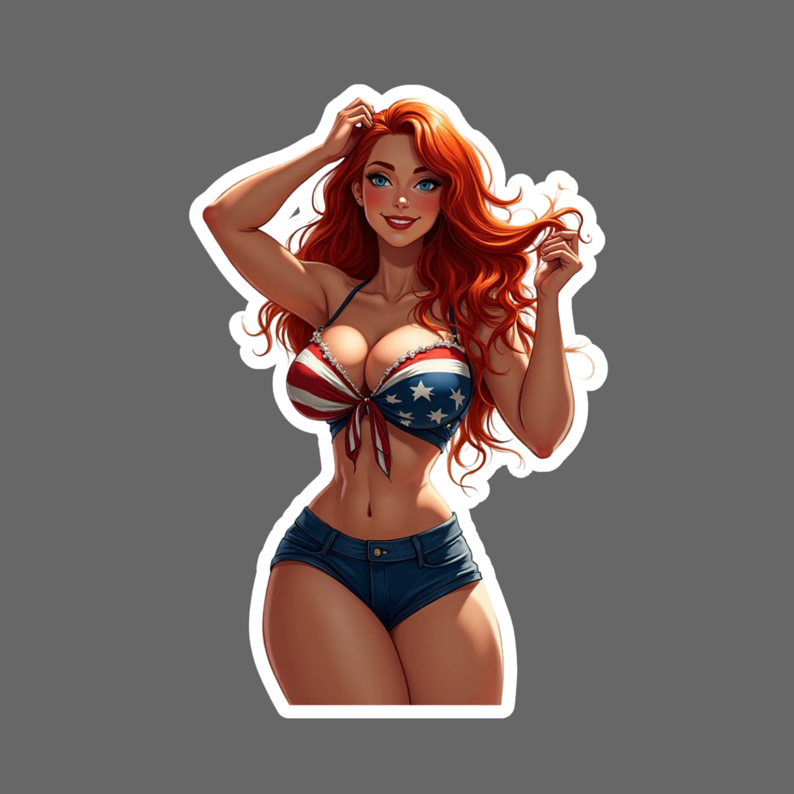 Redhead pinup girl sticker vinyl decal curvy hourglass bikini jean shorts anime