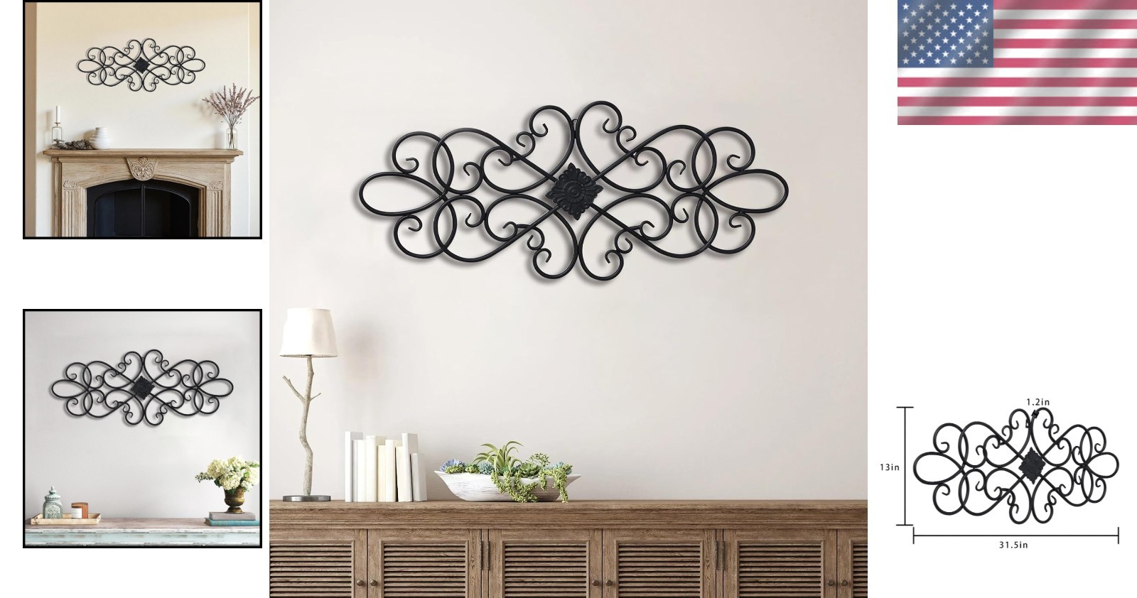 Farmhouse Black Wrought Iron Wall Art 32" – Distressed Scroll Metal Decor Plaque