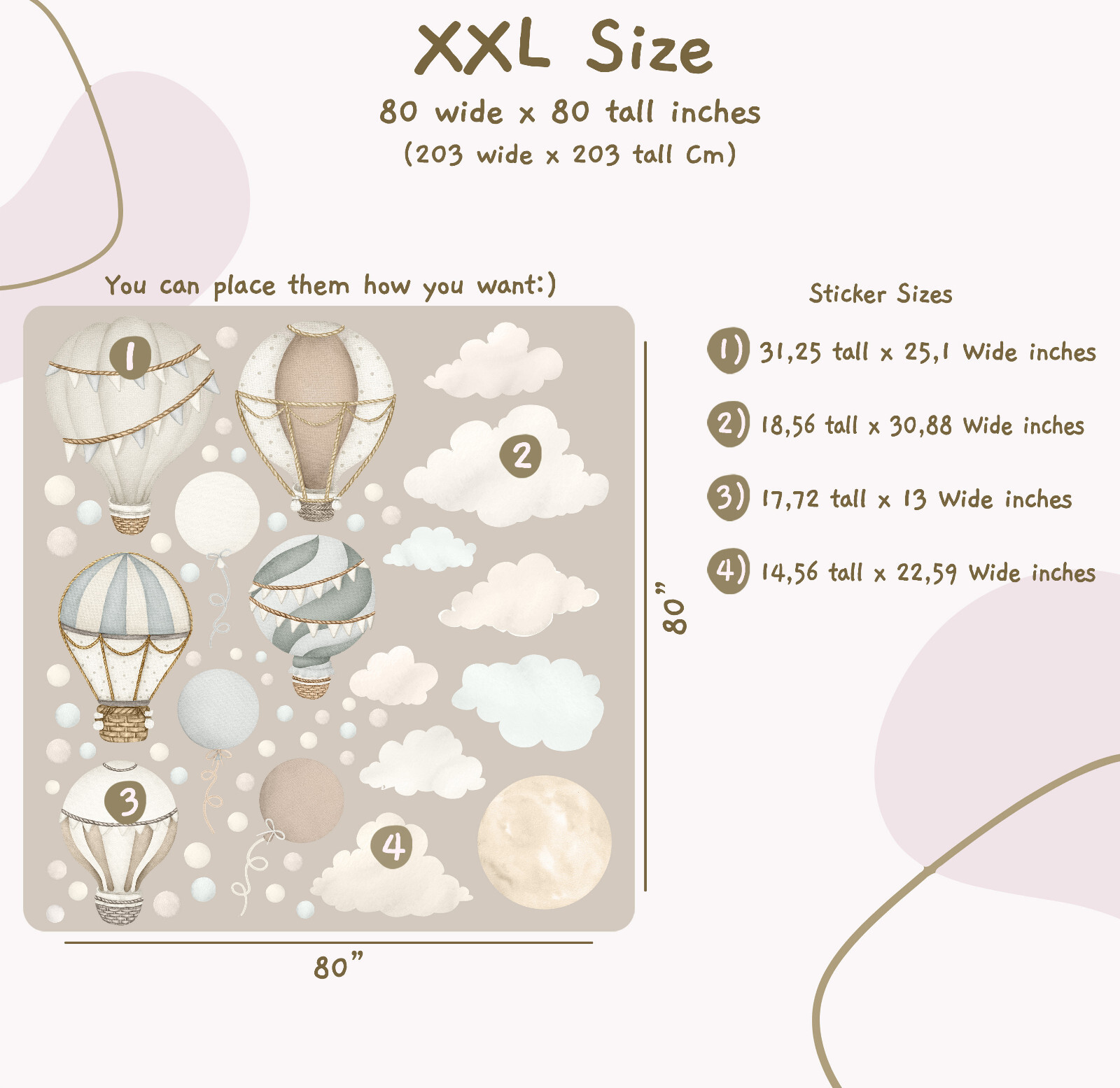 Boho Hot Air Balloon Wall Decals, Neutral Unisex Air Balloons Nursery Decor Set