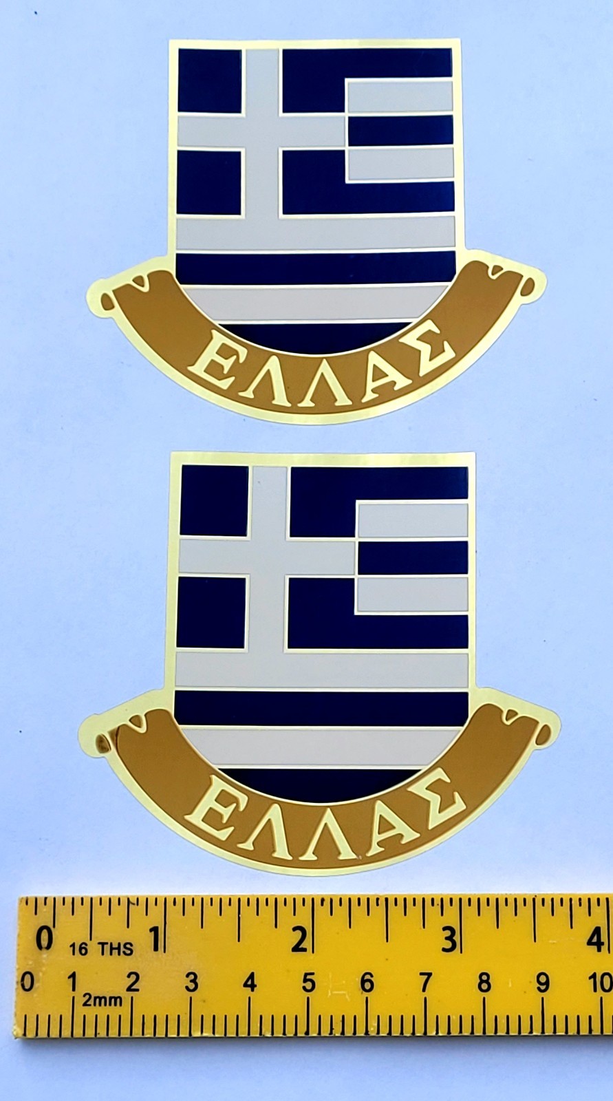 Two (2) Greek Greece Flag Gold Framed 3” x 3.5” Car Body & Bumper Decal Stickers