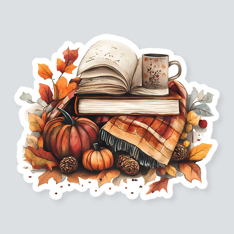 Autumn Decor Vinyl Sticker – Cozy Books & Mug for Book Lovers SIZE 5"