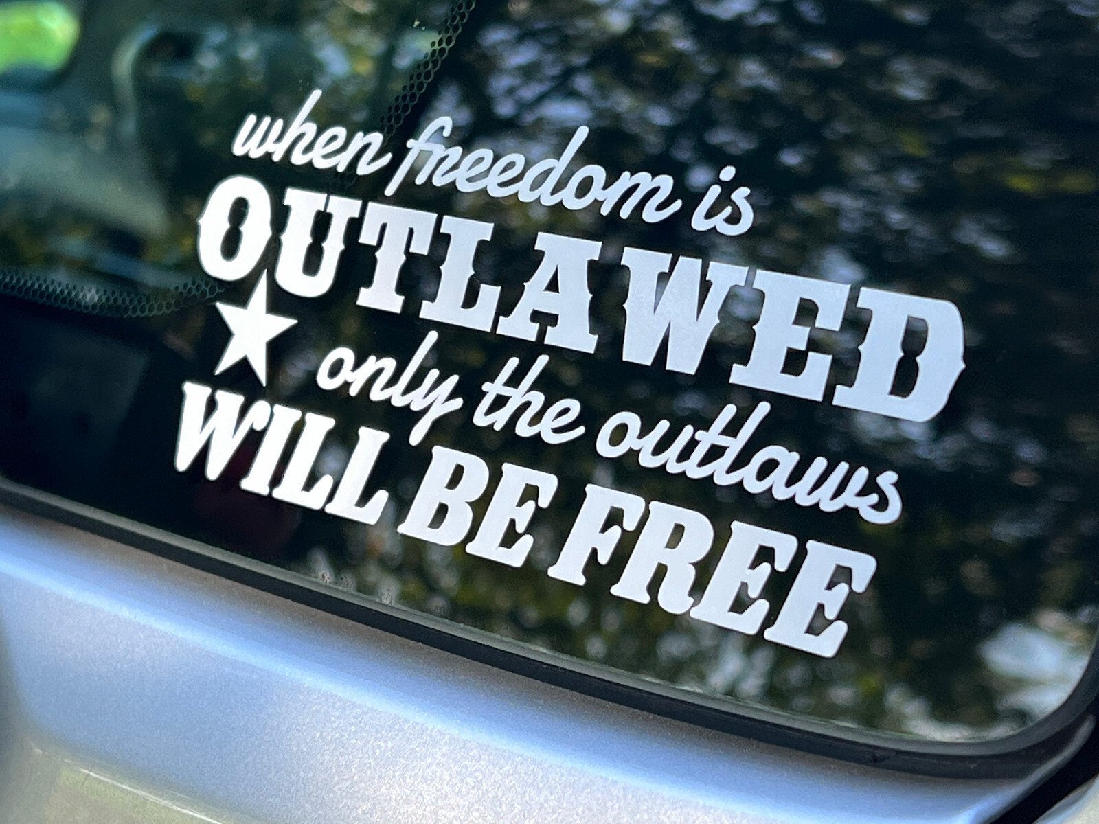 FREEDOM OUTLAWED -WHITE- Vinyl Decal Indoor & Outdoor Sticker. Choose Size!