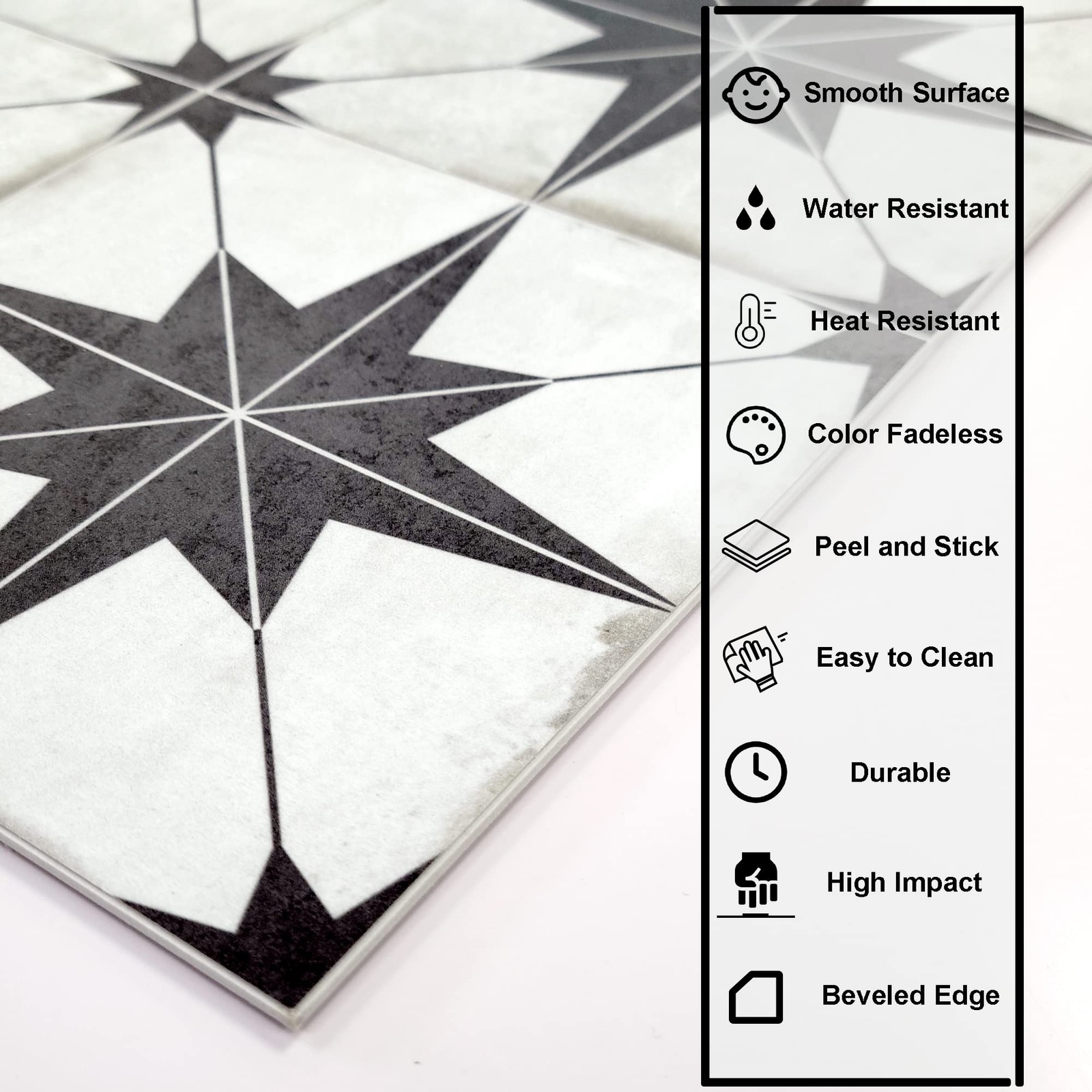 Encaustic Peel and Stick Backsplash, Black Star Patterned Vintage Stick on Ti…