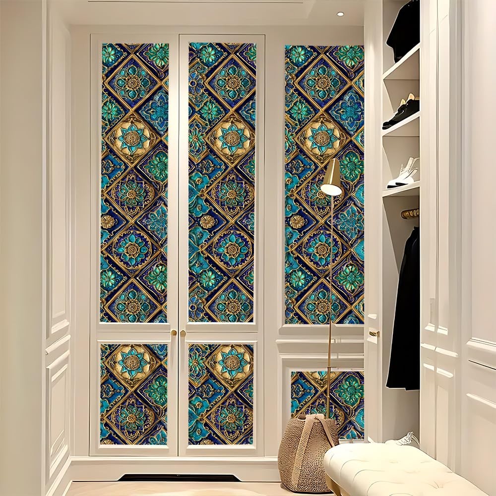 Spring Summer Moroccan Tile Wall Decals, Blue Gold Mosaic Peel and Stick Wall…